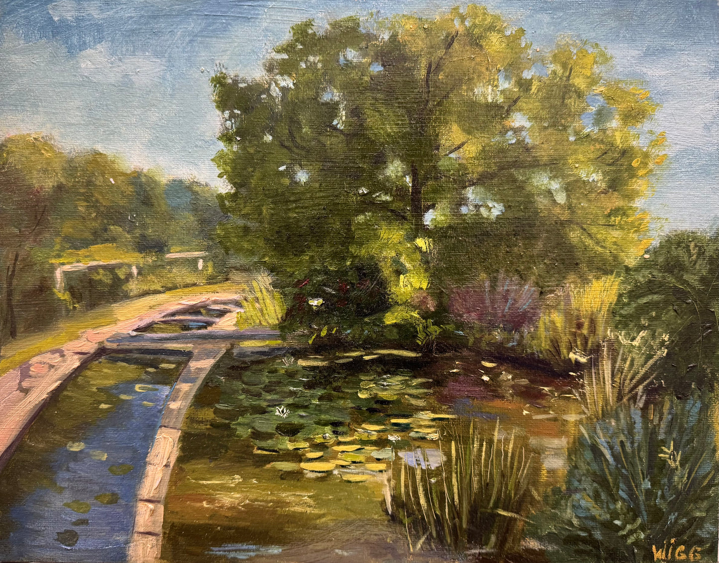 Original Öl-Malerei, Gemälde von Anastasia Wiggert, Titel „Seerosen“ – Park-Landschaft mit Teich und Seerosen, Bäumen im Hintergrund, Parklandschaft in Potsdam, Öl auf Platte, erhältlich bei What The Artist Made