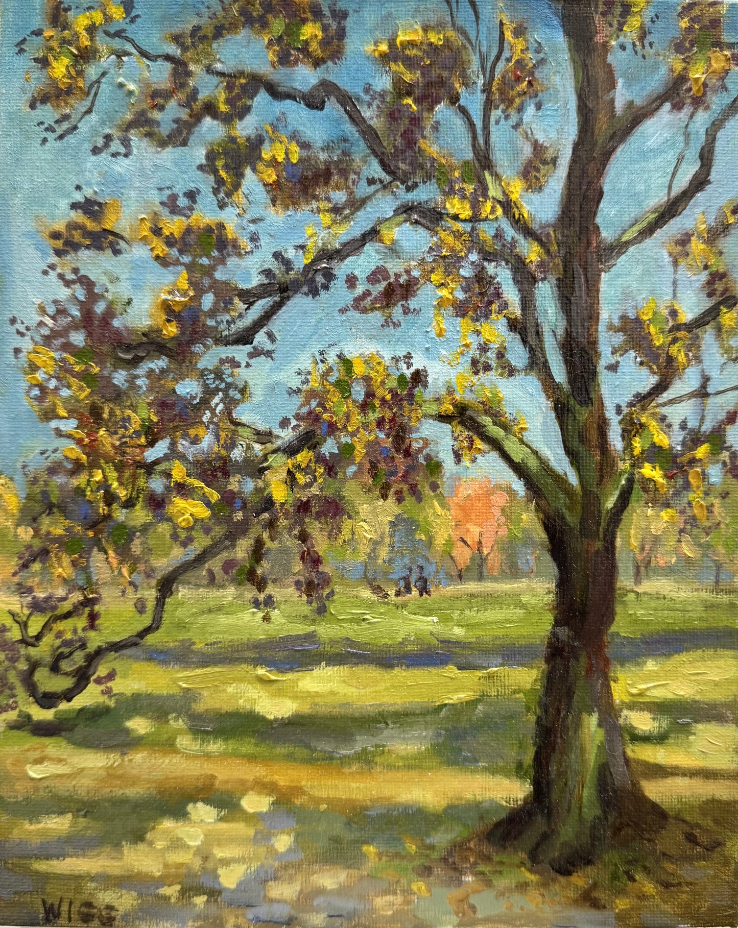 Original Öl-Malerei, Gemälde von Anastasia Wiggert, Titel „Spaziergang in Sanssouci“ – Park-Landschaft mit Baum im Vordergrund, Parklandschaft im Hintergrund, schattige Bäume im Vordergrund, in Potsdam Sanssouci-Park, Öl auf Platte, erhältlich bei What The Artist Made