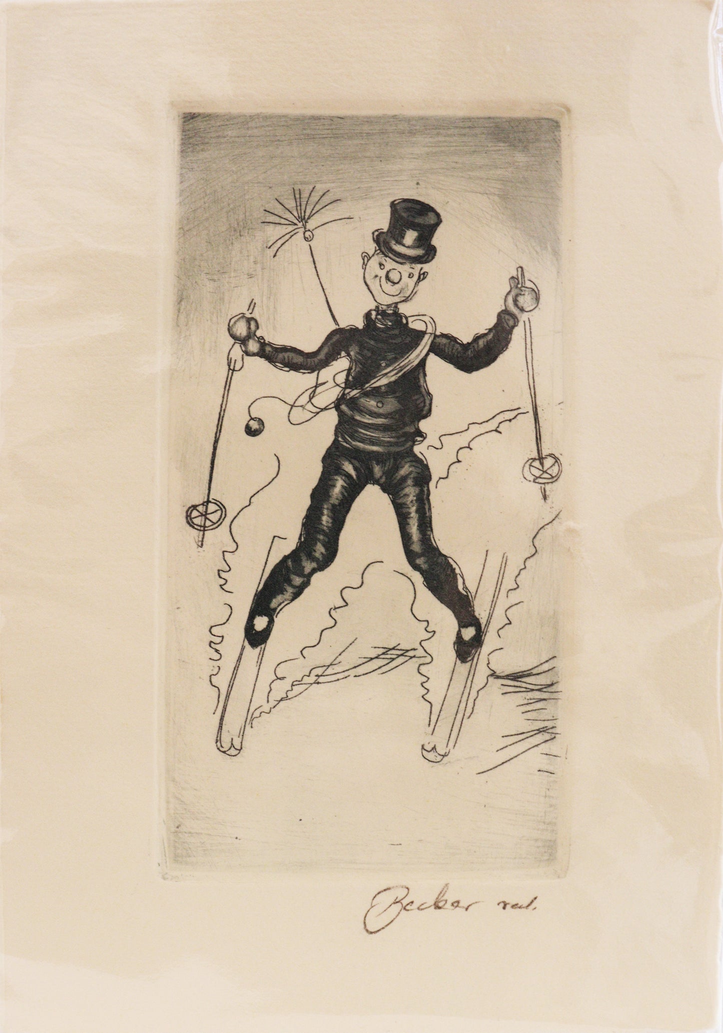 Radierung, signiert von Becker – Radierung auf Büttenpapier mit Büttenrand, Darstellung eines Schornsteinfegers, teilweise comic-haft, illustriert. Er fährt Ski, die Stellung der Beine wie einen Hang herabfahrend. Unterhalb der Radierung Signatur. Erhältlich bei Galerie Waldbach - What The Artist Made