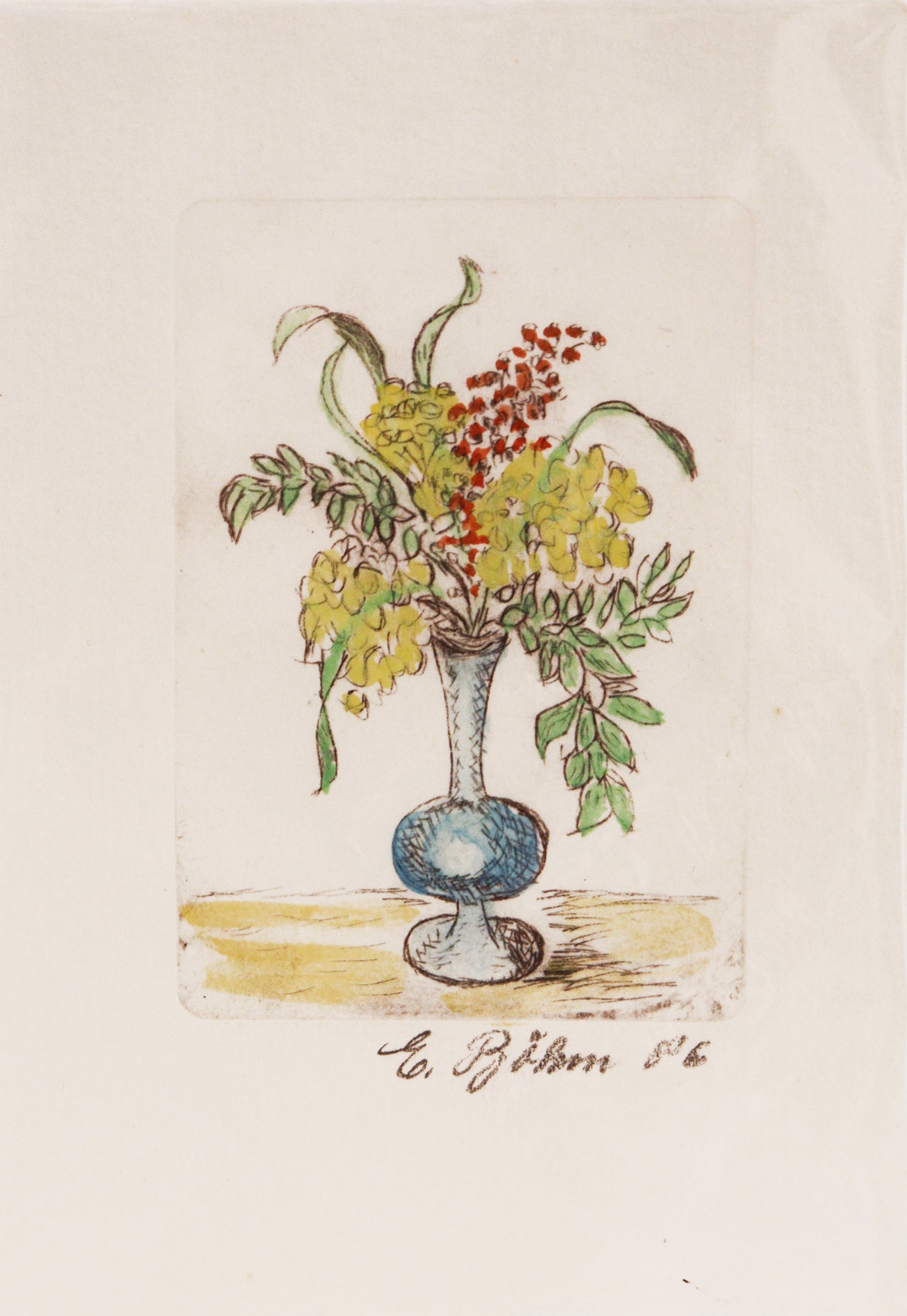 Radierung, signiert von E./C. Böhm 86, – Radierung auf Büttenpapier mit Büttenrand, Stillleben mit Vase, Unten rund mit schmalem Hals, daraus ein großes Bouquet ragend mit Blättern und Blüten. Die Vase steht auf einem angedeuteten Grund. Unterhalb der Radierung Signatur und vermutlich Jahreszahl (86). Monotypie, da die Radierung um Farbe ergänzt wurde: blaue Vase, gelbe und rote Blüten, grüne Blätter. Erhältlich bei Galerie Waldbach - What The Artist Made