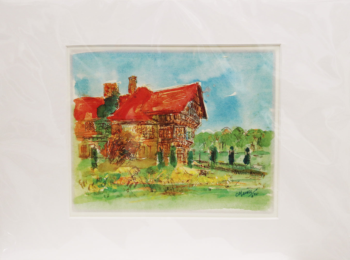 Radierung, signiert von Christian Heinze, Titel „Cecilienhof“ – Farbiger Druck auf hochwertigem Papier, Blick auf einen Teil des Schlosses Cecilienhof in Potsdam, Fachwerkarchitektur im Tudorstil. Unten am rechten Bildrand Signatur. Erhältlich bei Galerie Waldbach - What The Artist Made