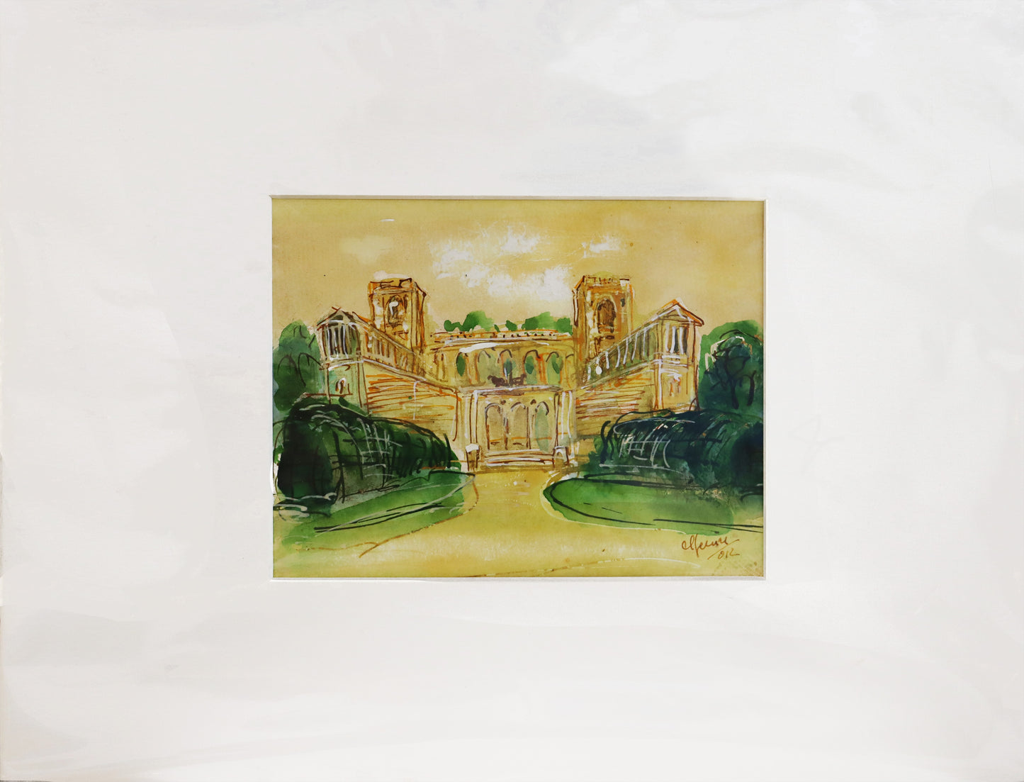Original, signiert von Christian Heinze, Titel „Belvedere Pfingstberg“ – im Passepartout, Blick zum Belvedere in Potsdam, historische Architektur. Unten rechts am Bildrand Signatur. In Grün- und Ockertönen - erhältlich bei Galerie Waldbach - What The Artist Made