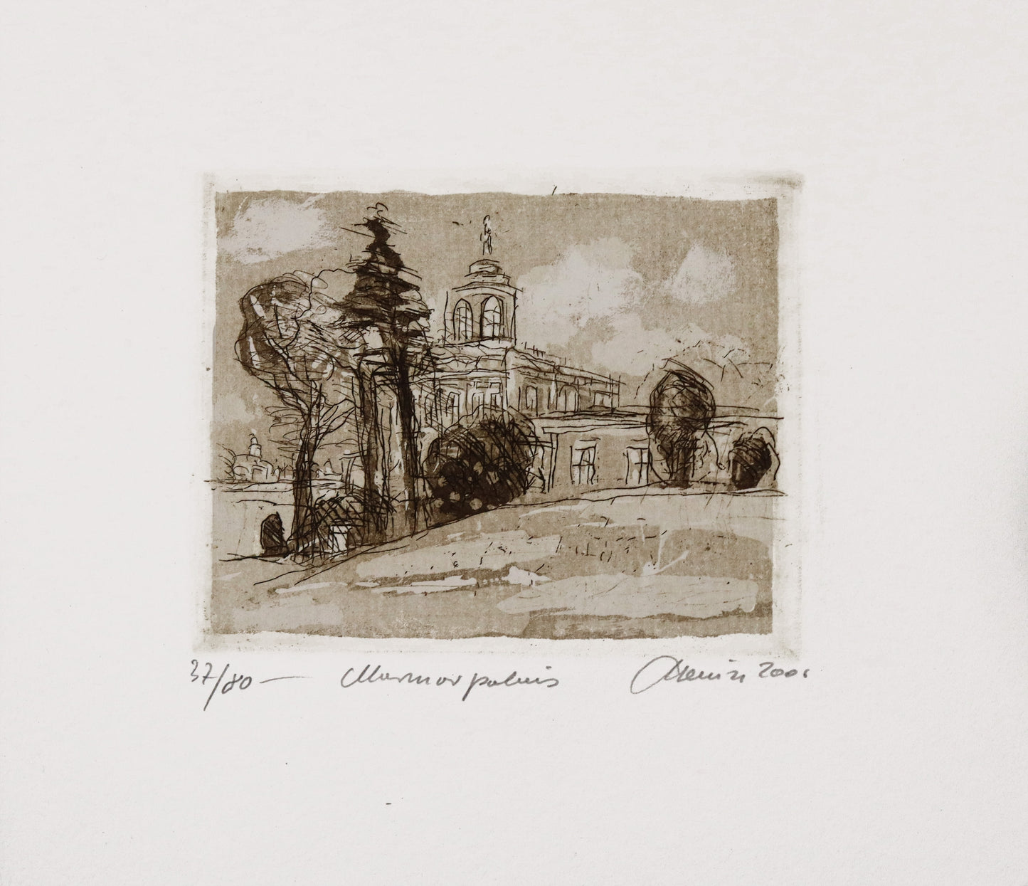 Radierung, signiert von Christian Heinze, Titel „Marmorpalais“ – Farbige Radierung, Büttenpapier mit Büttenrand, Blick auf den Marmorpalais und Parklandschaft. Unten am Bildrand der Bildtitel und Signatur. In Sepiatönen - erhältlich bei Galerie Waldbach - What The Artist Made