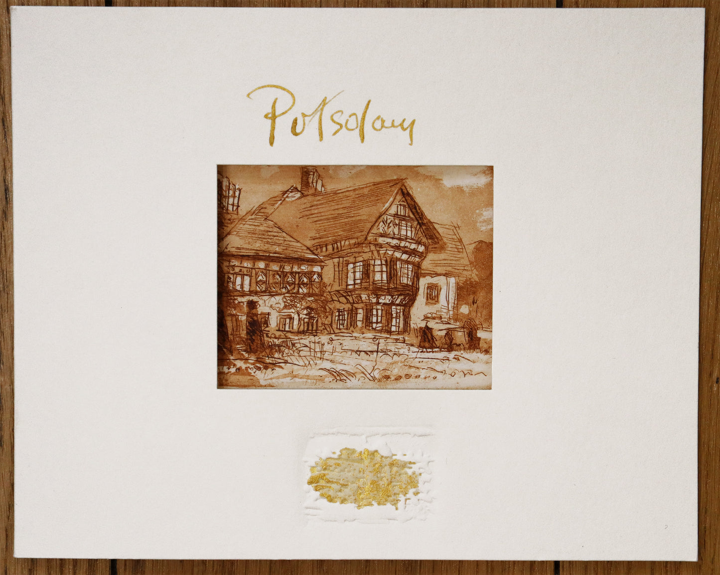 Radierung, signiert von Christian Heinze, Titel „Cecilienhof“ – Farbige Radierung, Ansicht des Passepartouts für die Radierung, mit Sichtausschnitt, Prägeemblem und kalligrafischem Titel - erhältlich bei Galerie Waldbach - What The Artist Made