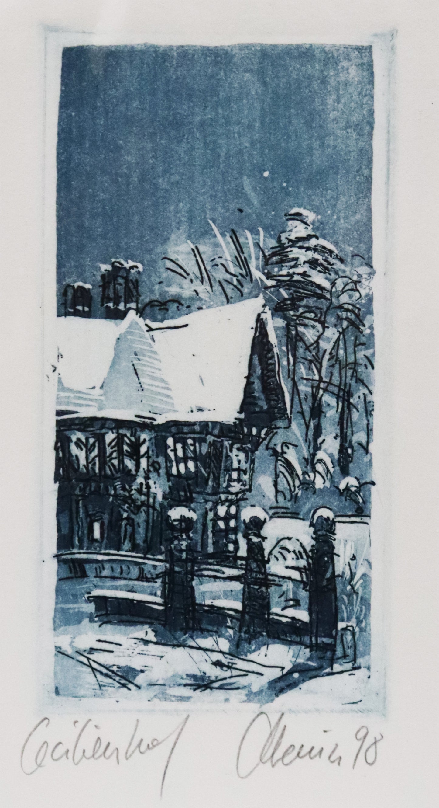 Radierung von Christian Heinze, Titel "Cecilienhof" auf Büttenpapier mit Büttenrand. Detailansicht. Unterhalb der Radierung Signatur und Auflagennummer. Erhältlich bei Galerie Waldbach - What The Artist Made