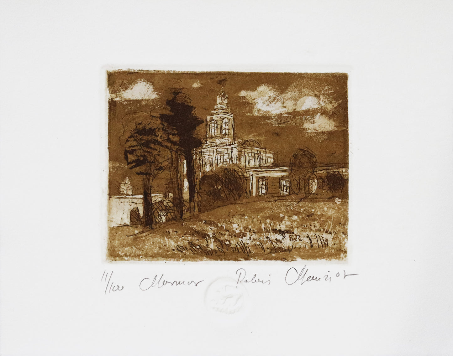 Radierung, signiert von Christian Heinze, Titel „Marmor Palais“ – Farbige Radierung, Büttenpapier mit Büttenrand, Blick zum Marmorpalais mit Parklandschaft Neuer Garten im Vordergrund, Potsdamer historische Architektur. Unten am Bildrand der Bildtitel, Prägeemblem und Signatur. In Sepiatönen - erhältlich bei Galerie Waldbach - What The Artist Made