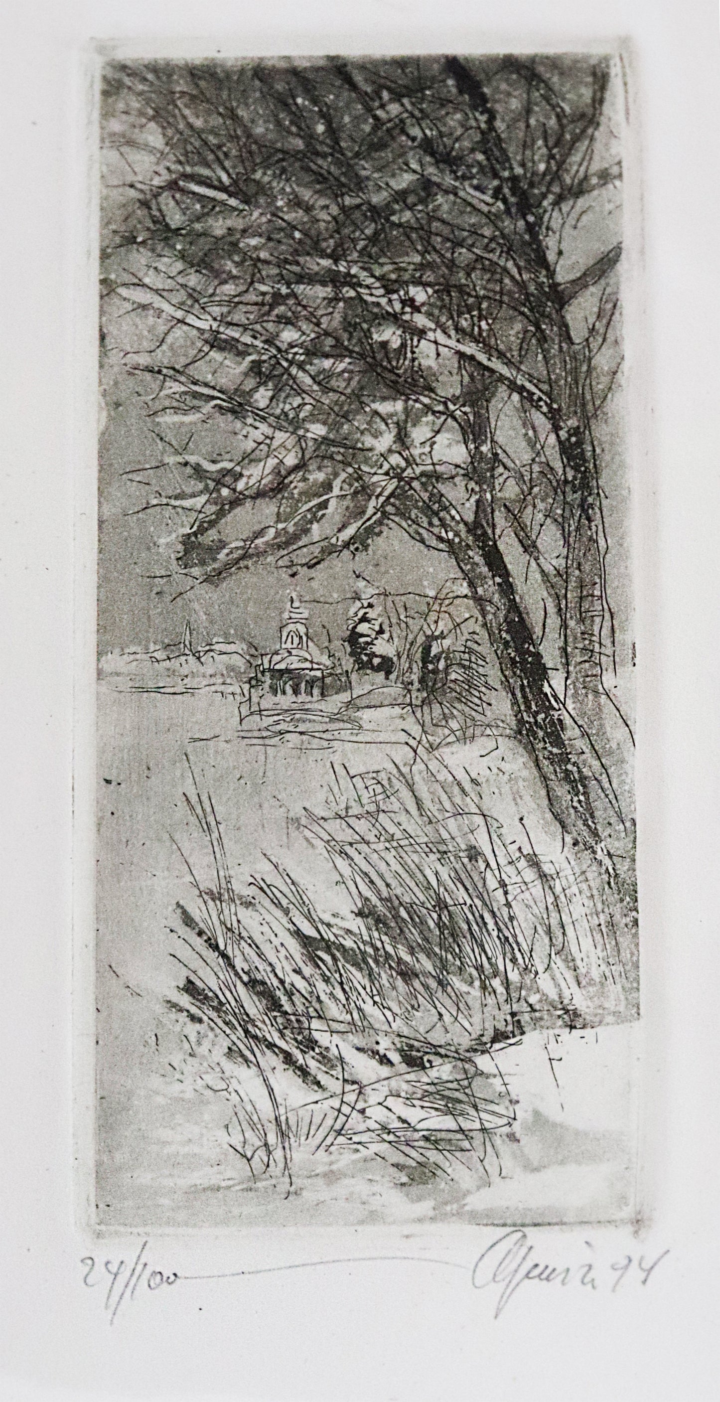 Radierung von Christian Heinze, Titel "Potsdamer Winter" auf Büttenpapier mit Büttenrand. Detailansicht. Unterhalb der Radierung Signatur und Auflagennummer. Erhältlich bei Galerie Waldbach - What The Artist Made