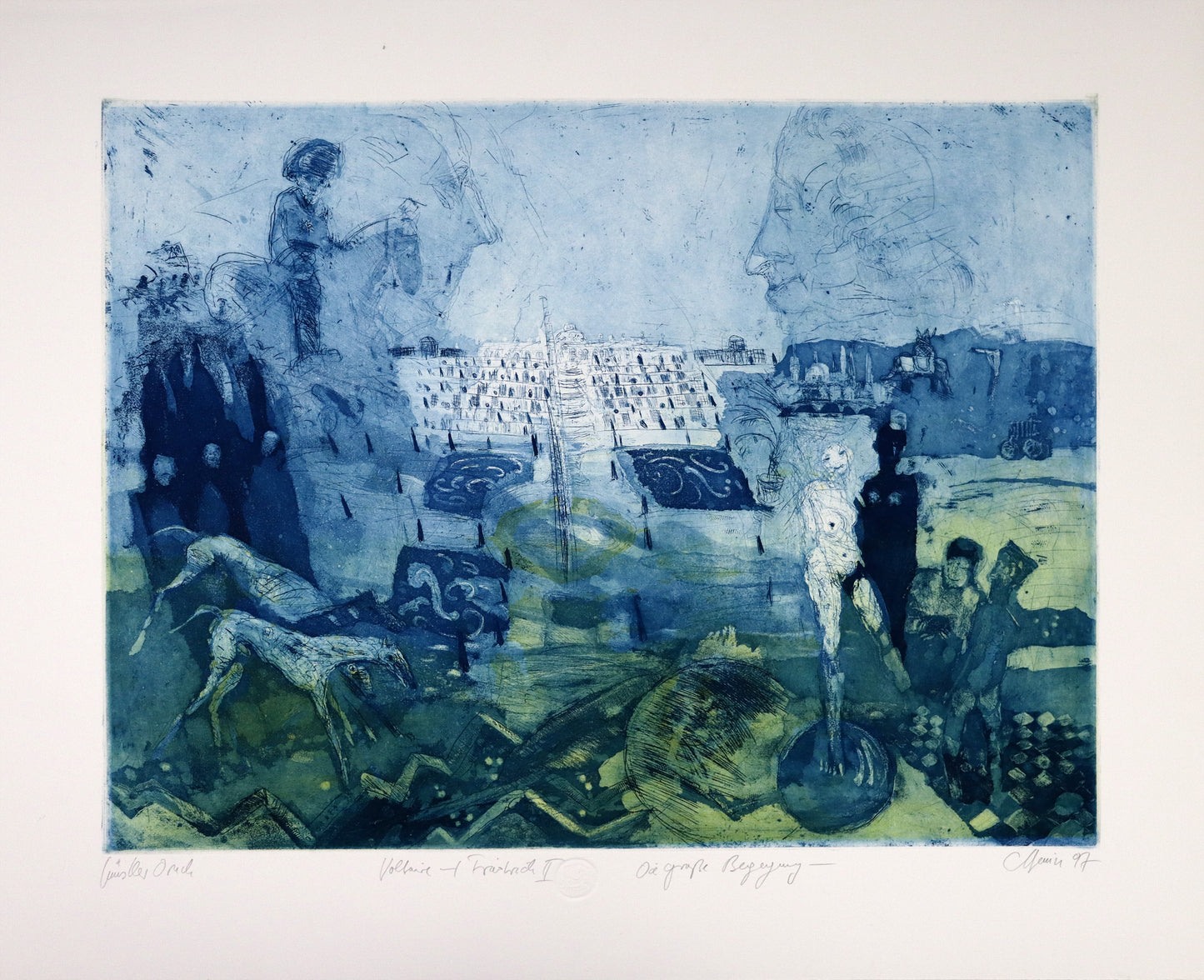 Radierung, signiert von Christian Heinze, Titel „Voltaire+Friedrich II - Die große Begegnung“ – Farbige Radierung, Büttenpapier mit Prägezeichen, Blick zum Schloss Sanssouci, davor Personengruppe, Frau unbekleidet, Hunde, hinter dem Schloss links Friedrich der Große, rechts Voltaire im Seitenportrait. Unten am Bildrand der Bildtitel und Signatur. In Blau - und Grüngelbtönen, erhältlich bei What The Artist Made.