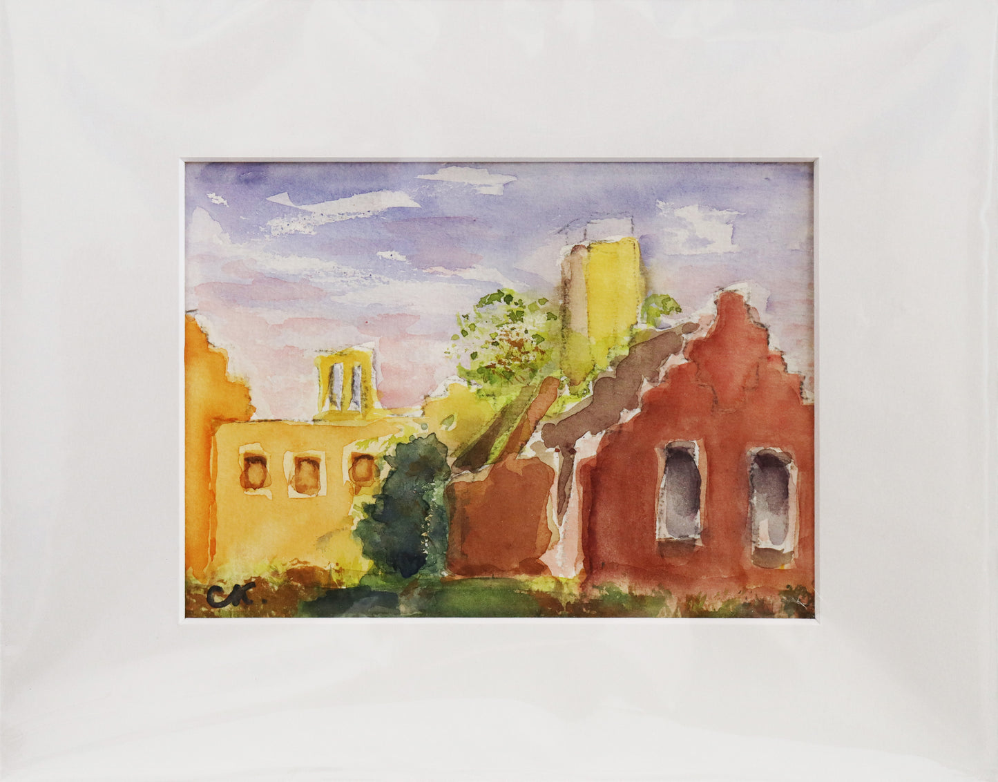 Original Aquarell-Malerei, Gemälde von Corina Kroh, Titel „Dachlandschaft Neuer Garten" – Sicht auf Dächer von historischen Häusern in gelb und ziegelrot im Neuen Garten, mit Schornstein und grünem Bewuchs, gemalt auf Papier, mit Passepartout - erhältlich bei Galerie Waldbach - What The Artist Made