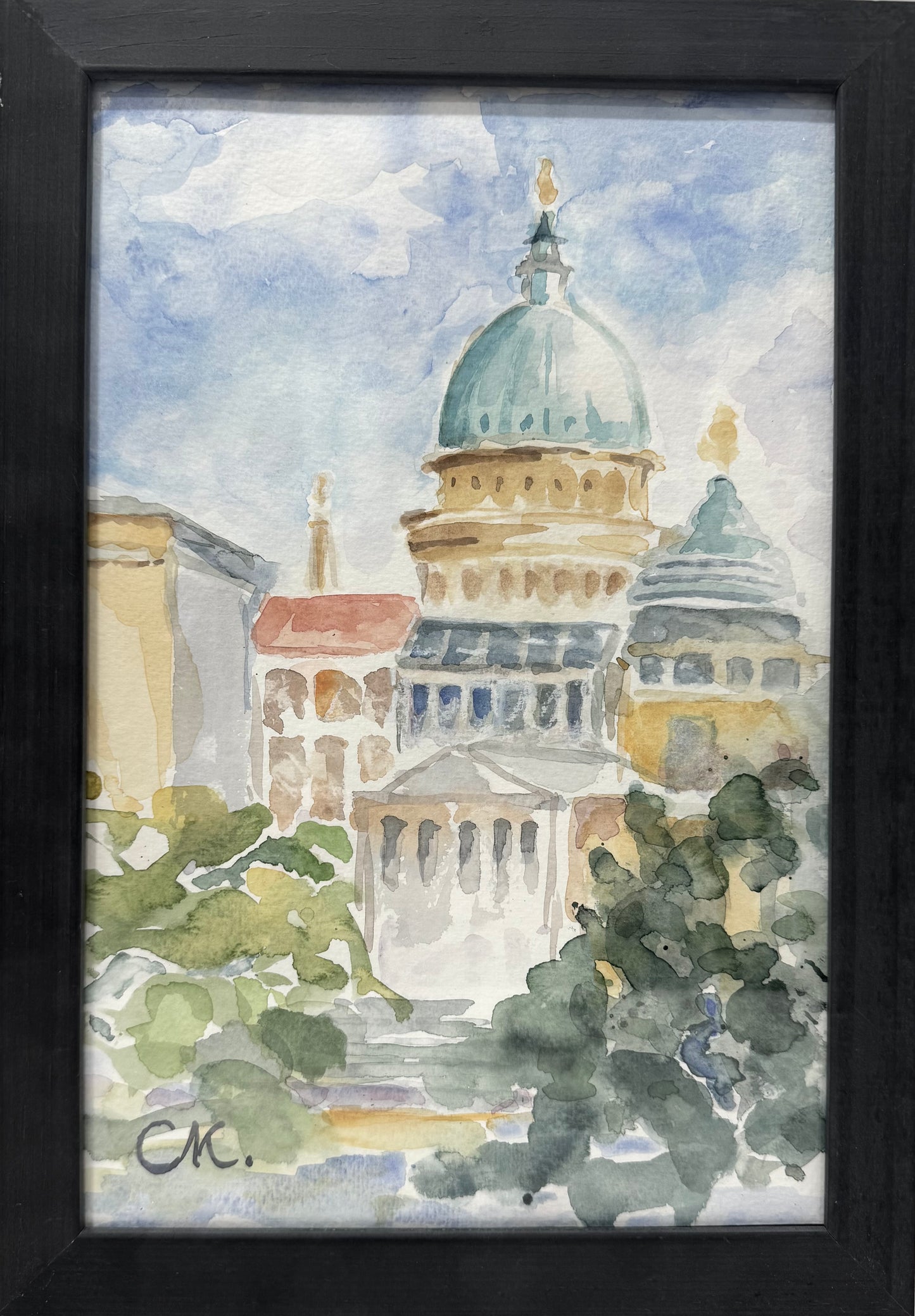 Original Aquarell-Malerei, Gemälde von Corina Kroh, Titel „Barberini“ – Stadtansicht, Blick auf Barberini, Potsdam Museum, Nikolaikirche, Aquarell auf Papier, erhältlich bei What The Artist Made