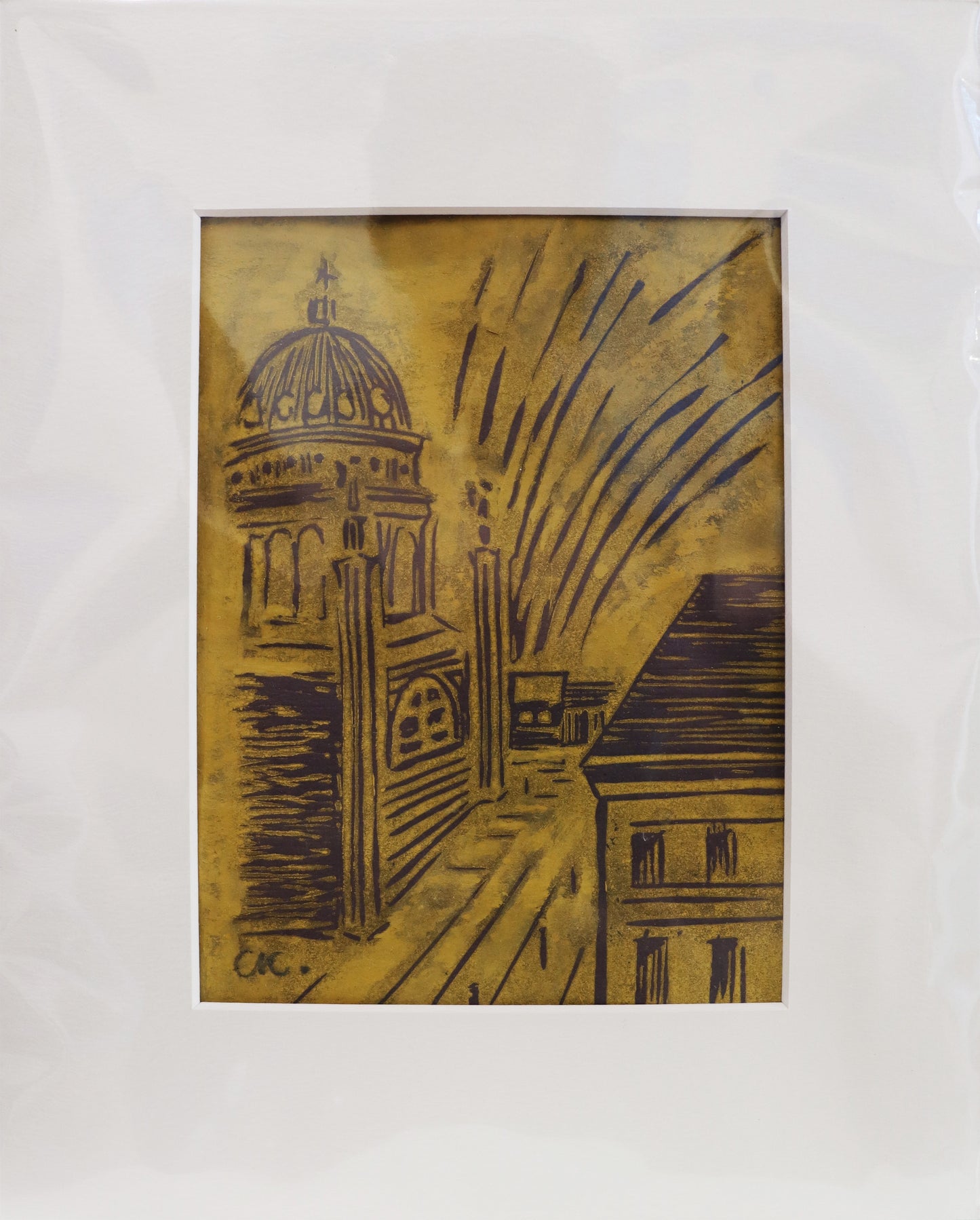 Original Linoldruck von Corina Kroh, Titel „Nikolaikirche Potsdam" – Blick auf den Alten Markt mit der Nikolaikirche , gedruckt auf Papier. Gelber Druck auf dunklem Papier mit Passepartout, Signatur unten links- erhältlich bei Galerie Waldbach - What The Artist Made