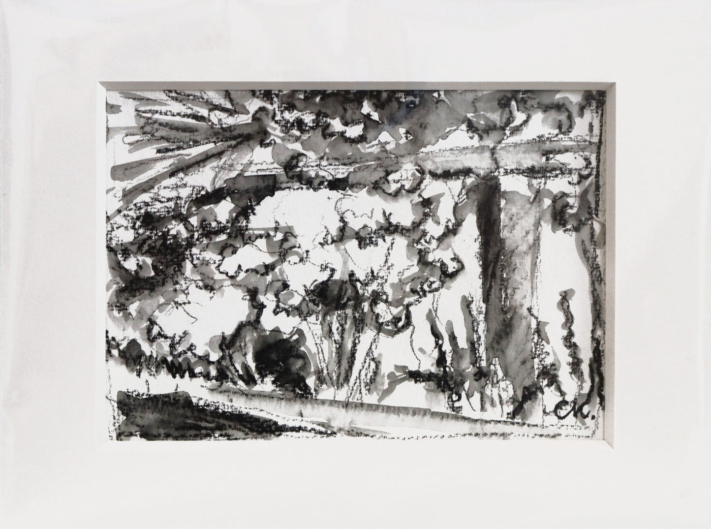 Original Acryl-Malerei, Gemälde von Corina Kroh, Titel „Freundschaftsinsel 2024“ – Blick auf Sträucher und Pflanzen auf der Freundschaftsinsel, Kohlestift auf Papier in schwarzweiß, erhältlich bei Galerie Waldbach - What The Artist Made