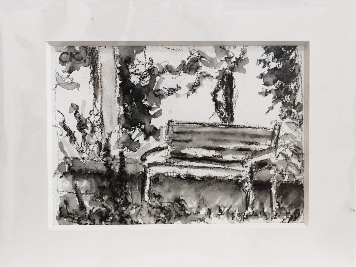 Original Acryl-Malerei, Gemälde von Corina Kroh, Titel „Freundschaftsinsel 2024 - Kurs mit A.Paul“ – Blick auf eine Bank auf der Freundschaftsinsel mit Sträuchern, Kohlestift auf Papier in schwarzweiß, erhältlich bei Galerie Waldbach - What The Artist Made