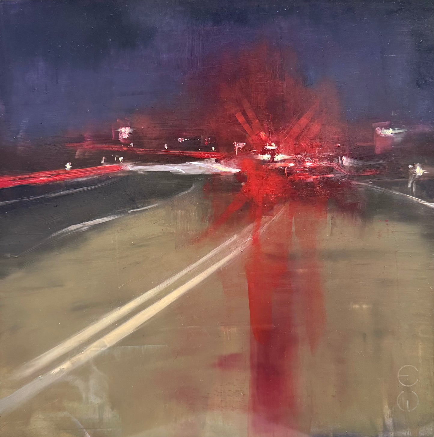 Original Öl-Malerei von Eduard Warkentin, Titel: „B252 Nachts“ – zeitgenössische abstrahierte Darstellung einer Bundesstraße Deutschlands bei Nacht, rote Fahrzeuglichter. Öl auf Dibond, erhältlich bei Galerie Waldbach - What The Artist Made