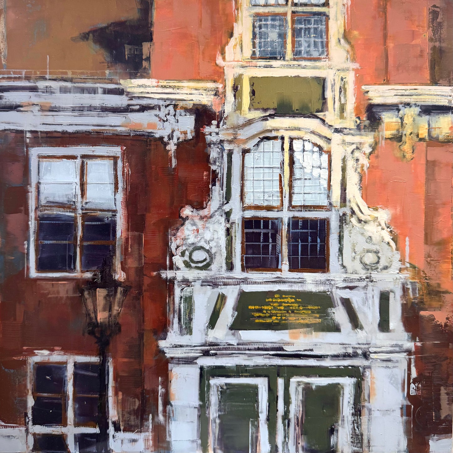 Original Öl-Malerei von Eduard Warkentin, Titel: „Potsdam_25_01“ – zeitgenössische Darstellung einer Hausfassade im Holländischen Viertel in Potsdam. Öl auf Dibond, erhältlich bei Galerie Waldbach - What The Artist Made