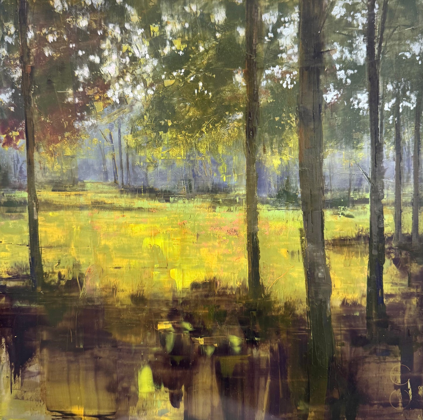 Original Öl-Malerei von Eduard Warkentin, Titel: „Summer. Sun. Park.“ – zeitgenössische abstrahierte Darstellung von Bäumen im Park Sanssouci in Potsdam, Licht-Schatten-Studie. Öl auf Dibond, erhältlich bei Galerie Waldbach - What The Artist Made