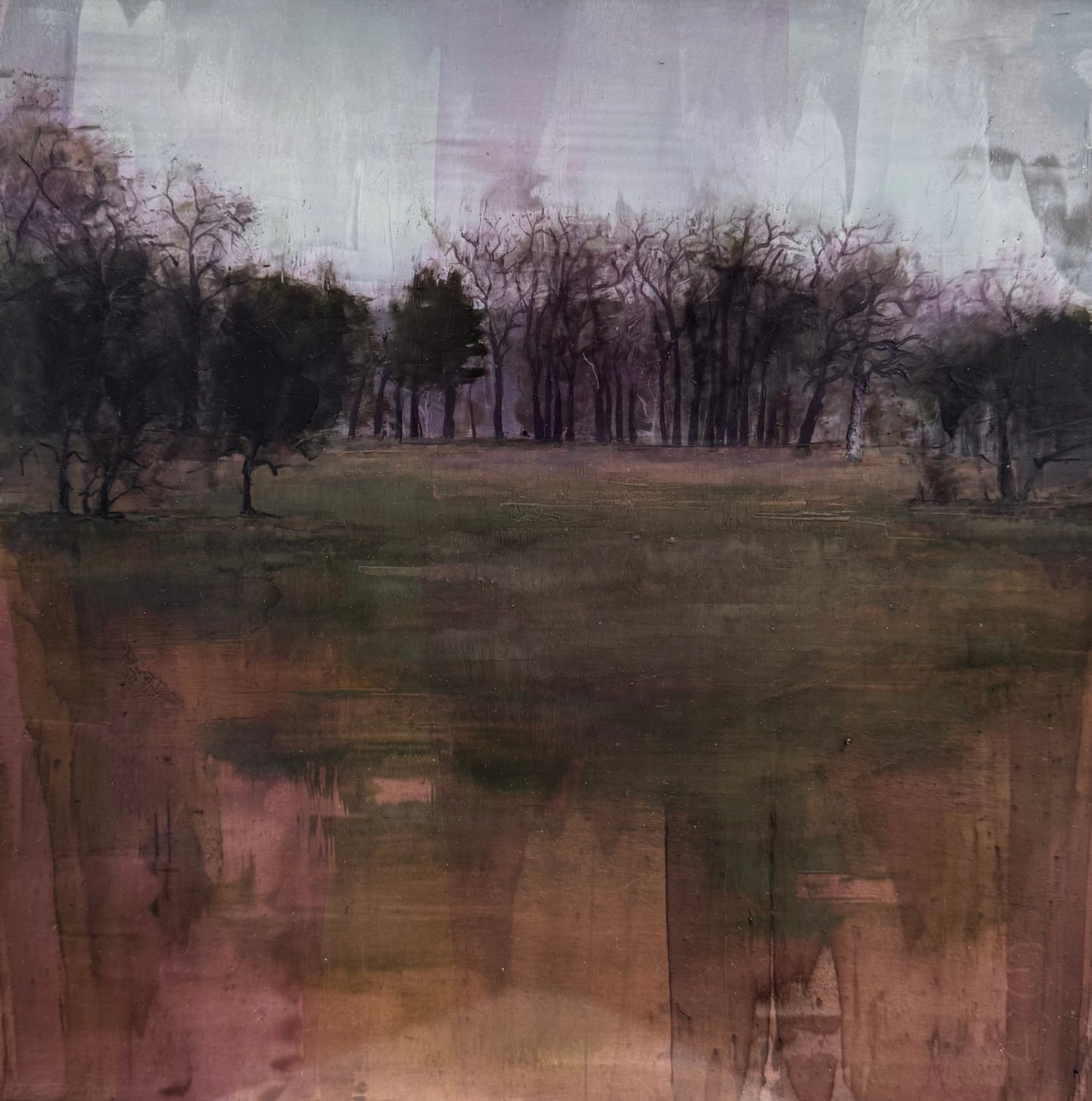Original Öl-Malerei von Eduard Warkentin, Titel: „Winter. Dusk. Park.“ – zeitgenössische abstrahierte Darstellung der Dämmerung an einem Wintertag im Park Sanssouci in Potsdam. Öl auf Dibond, erhältlich bei Galerie Waldbach - What The Artist Made
