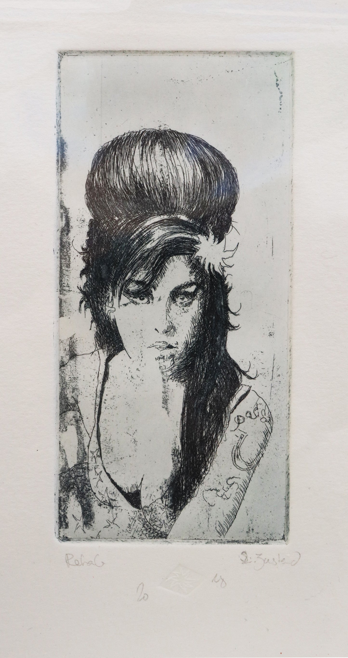 Original Radierung von Frank Lindenberg,Porträt von Amy Winehouse, Radierung auf Karton, Detailansicht, erhältlich bei Galerie Waldbach - What The Artist Made
