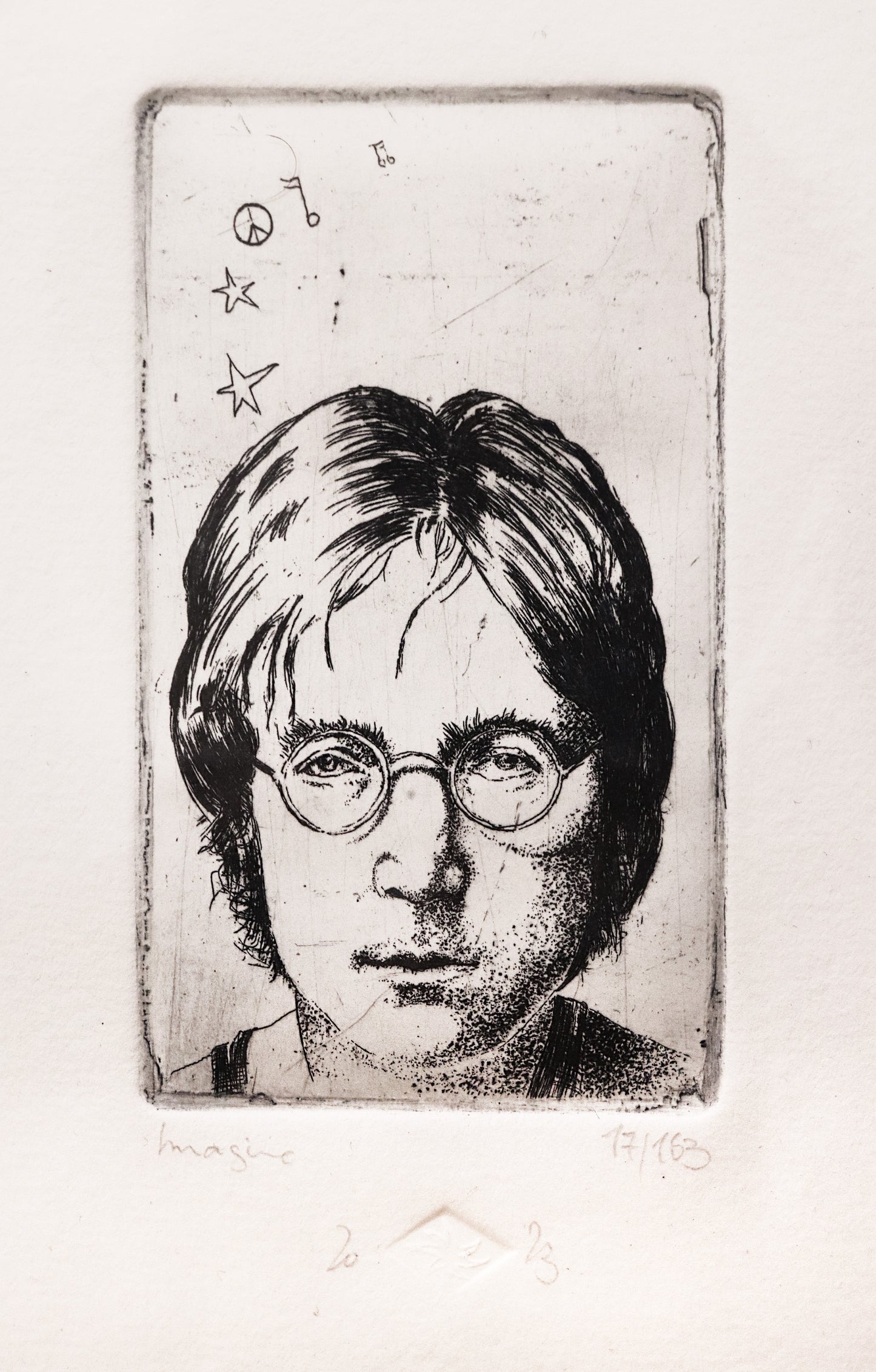 Original Radierung von Frank Lindenberg, Porträt von John Lennon, Detailaufnahme, erhältlich bei Galerie Waldbach - What The Artist Made