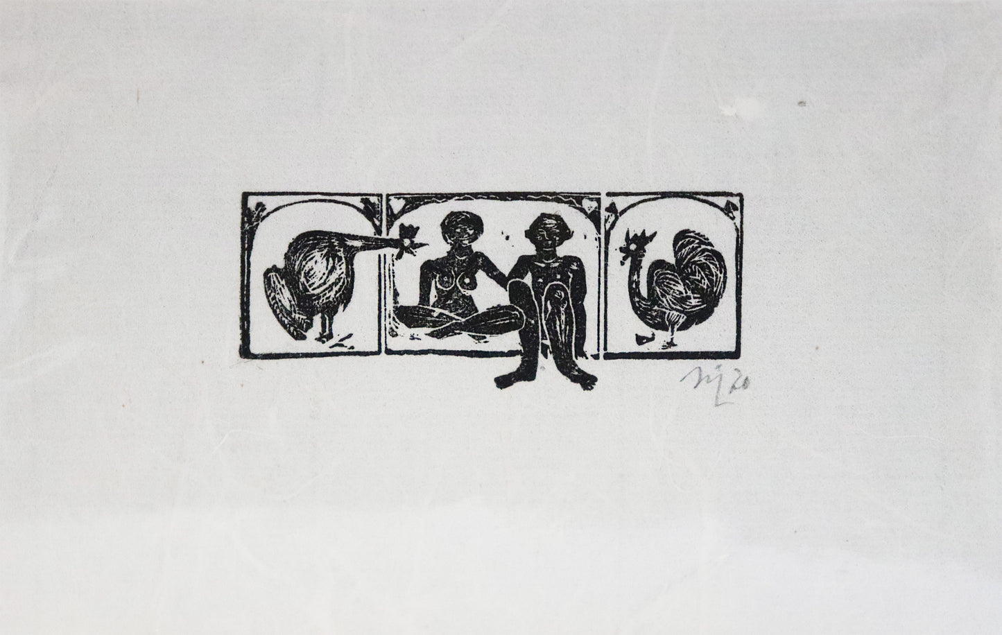 Radierung von Gottfried Höfer, Titel "Hühner" auf Büttenpapier mit Büttenrand. Darstellung von zwei nackten Personen, sitzend. Links und rechts von ihnen jeweils ein Huhn. Schwarz auf weißem Papiergrund. Unterhalb der Radierung Signatur und Jahreszahl 70. Erhältlich bei Galerie Waldbach - What The Artist Made