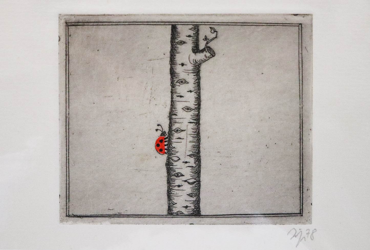 Radierung von Gottfried Höfer, Titel "Marienkäfer" auf Büttenpapier mit Büttenrand. Detailaufnahme. Erhältlich bei Galerie Waldbach - What The Artist Made