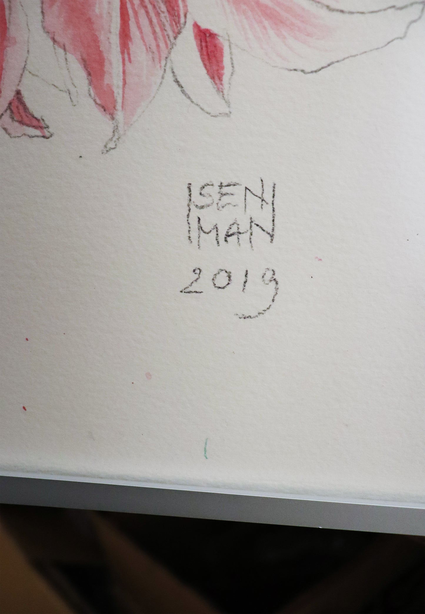 Original Aquarell Malerei - Gemälde von Heike Isenmann, ohne Titel - Detailansicht der Signatur „Isenmann 2019“ - Aquarell auf Papier, gerahmt, erhältlich bei Galerie Waldbach - What The Artist made