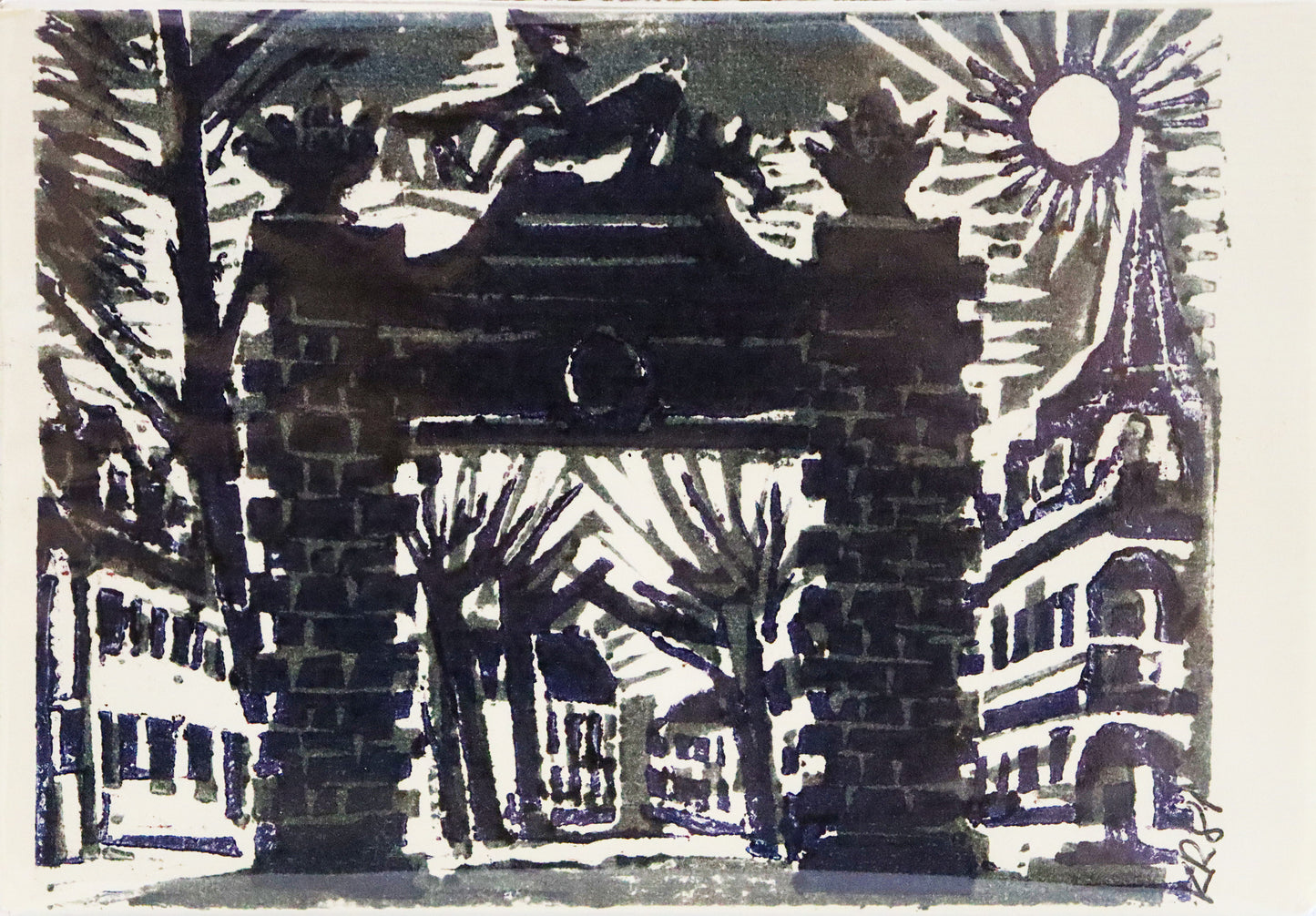 Linoldruck von Karl Raebuh, Titel „Jägertor“, signiert, 1981. In schwarz/blau gehaltener Linoldruck mit Sicht auf das Jägertor, Details und Flächen in Weiß des Papiers. Signatur und Jahreszahl unten rechts am Rand. Erhältlich bei Galerie Waldbach - What The Artist Made