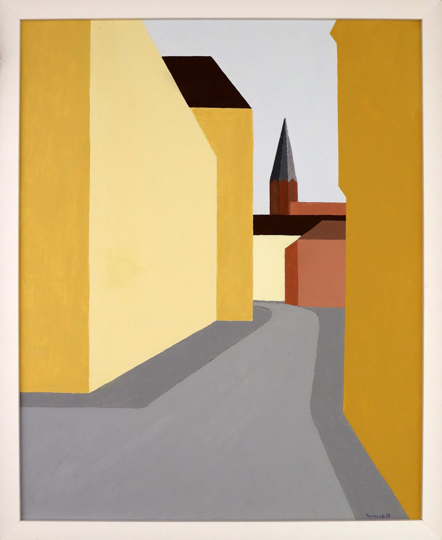 Original Acryl-Malerei, Gemälde von Dr. Leonhard Tomczyk, Titel „Aschaffenburg“ – reduziert formale kubistische Ansicht einer Straße in Aschaffenburg, Blick zum Kirchturm, Acryl auf Leinwand, erhältlich bei What The Artist Made