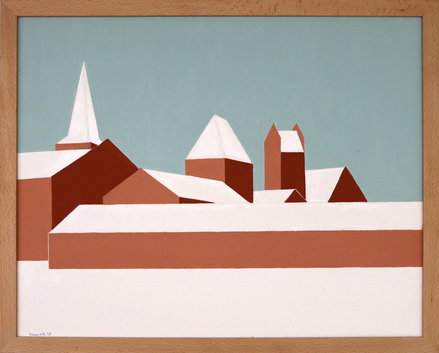 Original Acryl-Malerei, Gemälde von Dr. Leonhard Tomczyk, Titel „Schloss Liebenberg“ – reduziert formale, kubistische Ansicht des Schlosses, winterliche Farben, Acryl auf Leinwand, erhältlich bei What The Artist Made