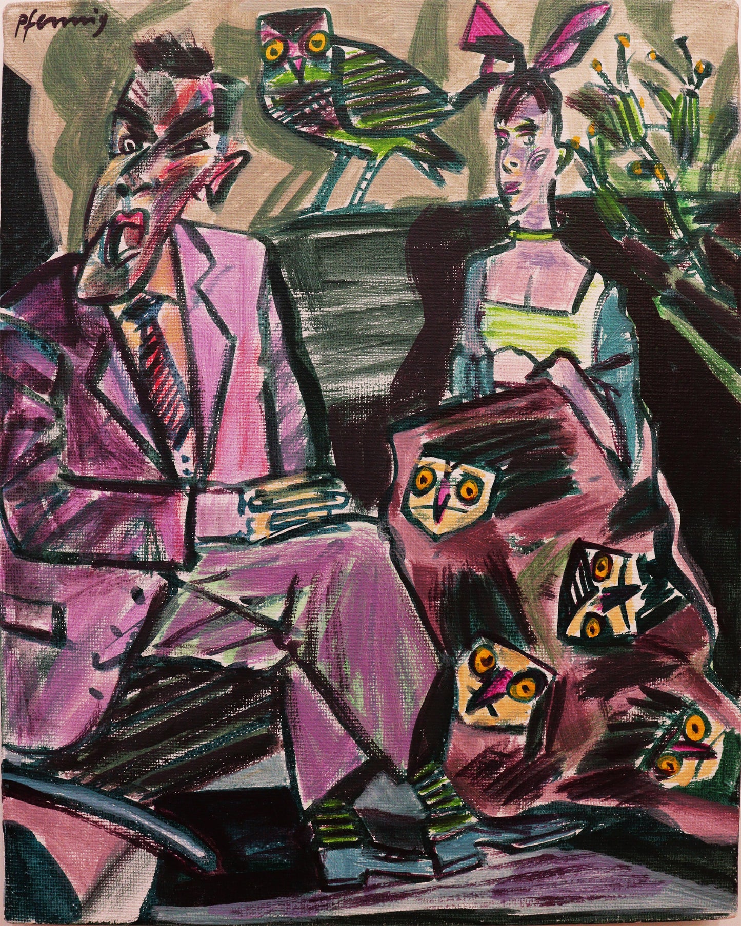 Original Acryl-Malerei, Gemälde von Wolf-Dieter-Pfennig, expressive Darstellung eines Mannes im Anzug und einer Frau im Kleid, beide sitzend. Hinter den beiden ein Vogel und auf dem Kleid der Frau Vogelgesichter. Abstrakter Hintergrund - Acryl auf Leinwand, erhältlich bei Galerie Waldbach - What The Artist Made