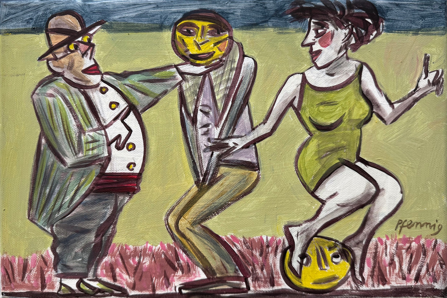 Original Acryl-Malerei, Gemälde von Wolf-Dieter-Pfennig, Titel „Einvernehmen mit den Selbstgesprächen und Achtung vor dem Können der Alten“ – expressive Darstellung von drei Personen, Mann mit Hut links, Frau in grünem Kleid rechts, mit grünem Hintergrund, Acryl auf Leinwand, erhältlich bei What The Artist Made
