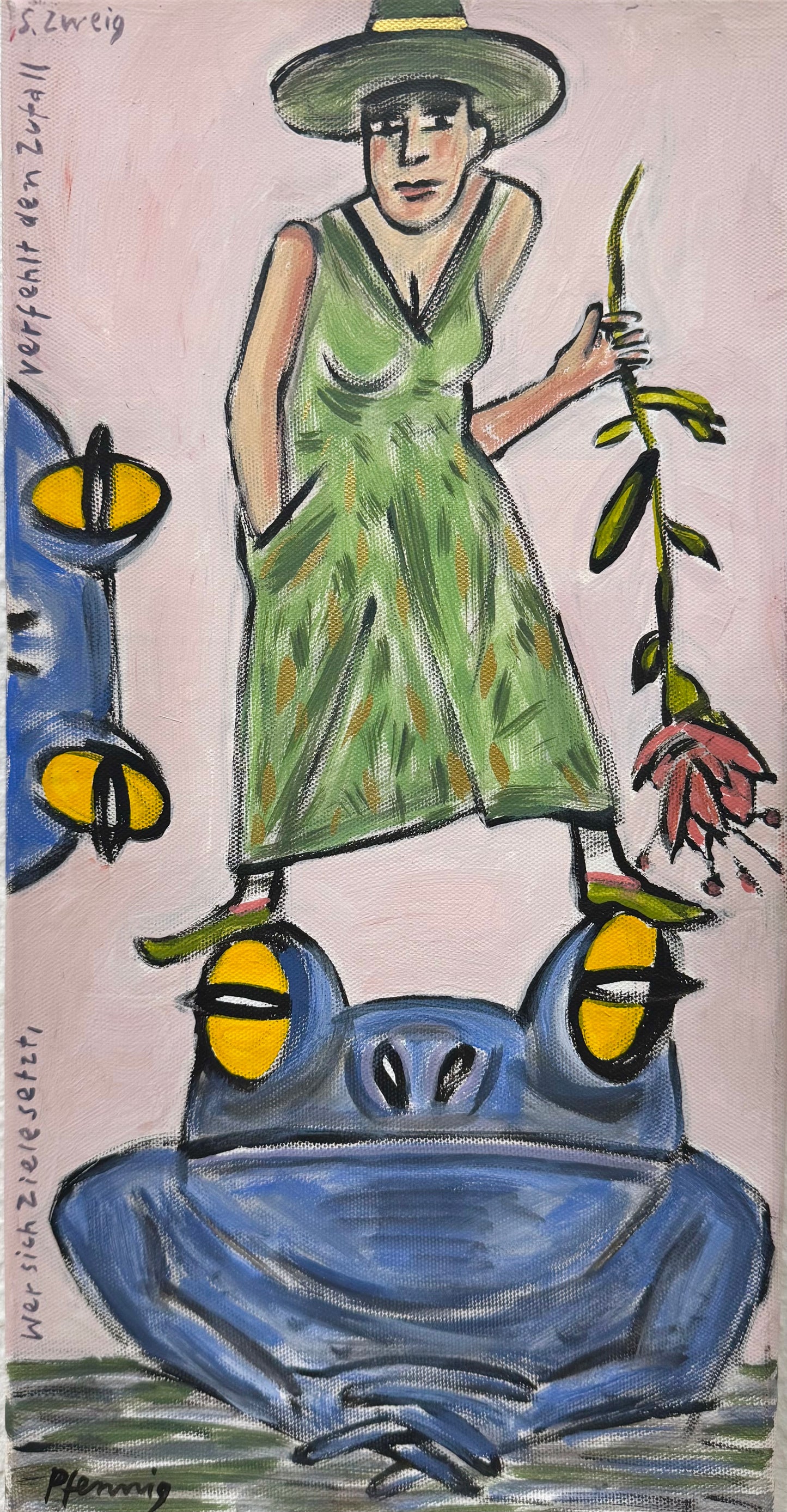 Original Acryl-Malerei, Gemälde von Wolf-Dieter-Pfennig, Titel „Wer sich Ziele setzt, geht dem Zufall vorbei. S.Zweig“ – expressive Darstellung einer Frau in grünem Kleid und Blume in der Hand auf blauem Frosch, Kröte, links eine weitere Kröte reinschauend, Acryl auf Leinwand, erhältlich bei What The Artist Made