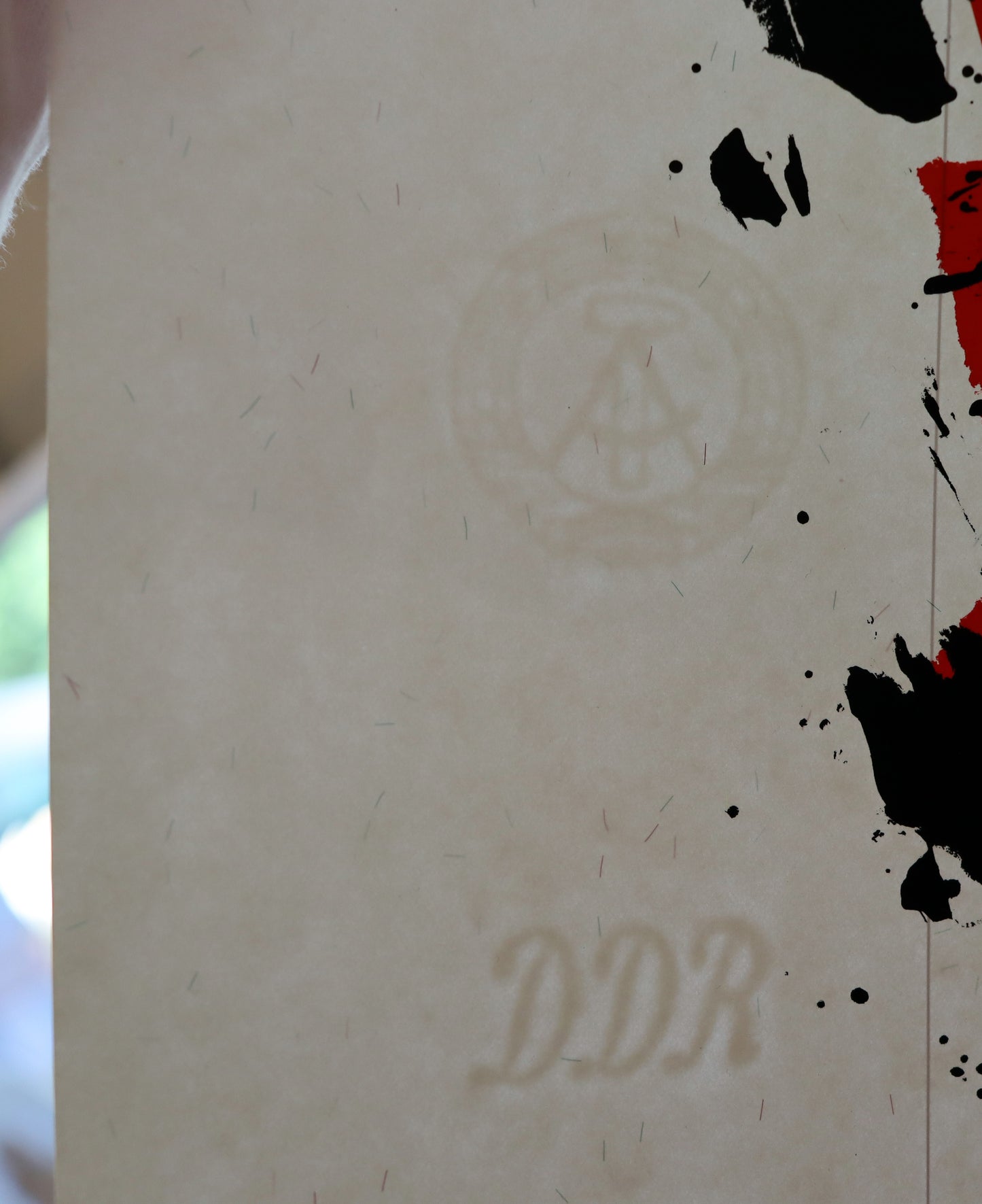 Detailaufnahme des Dokumentenpapiers mit DDR-Wasserzeichen - Schriftzug und Wappen, Silberstreifen in Gegenlicht erkennbar, erhältlich bei Galerie Waldbach - What The Artist Made