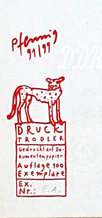 Druck Edition Trodler, von Wolf-Dieter Pfennig, Titel „Der Rufer“ – Detailaufnahme der Vignette von Trodler und Exemplar-Nummer, in rot, Galerie Waldbach - What The Artist Made