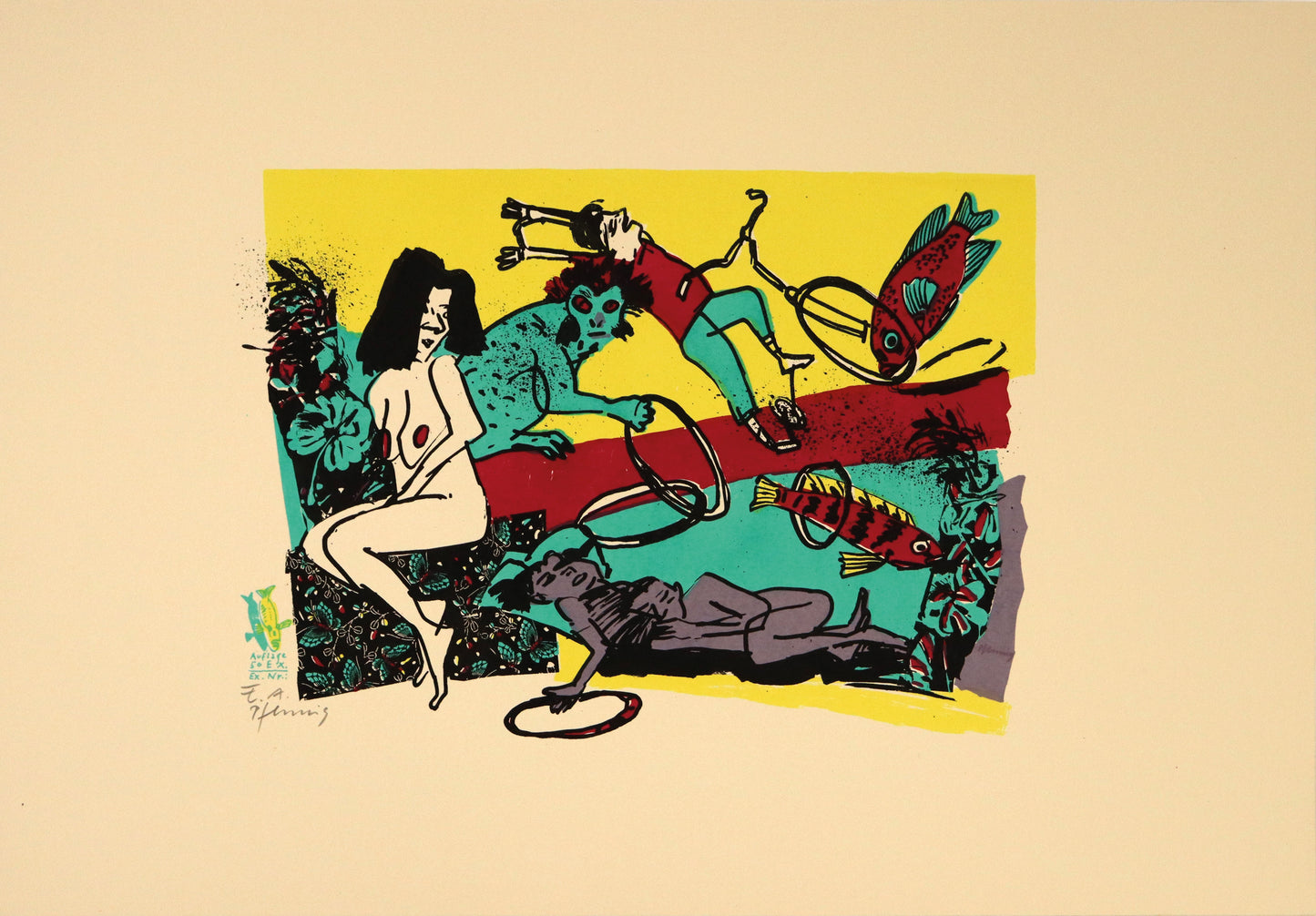 Original Druck Edition Trodler, von Wolf-Dieter Pfennig, Menschen , Affen, Fische, limitiert, mit Trodler Signatur, erhältlich bei What The Artist Made