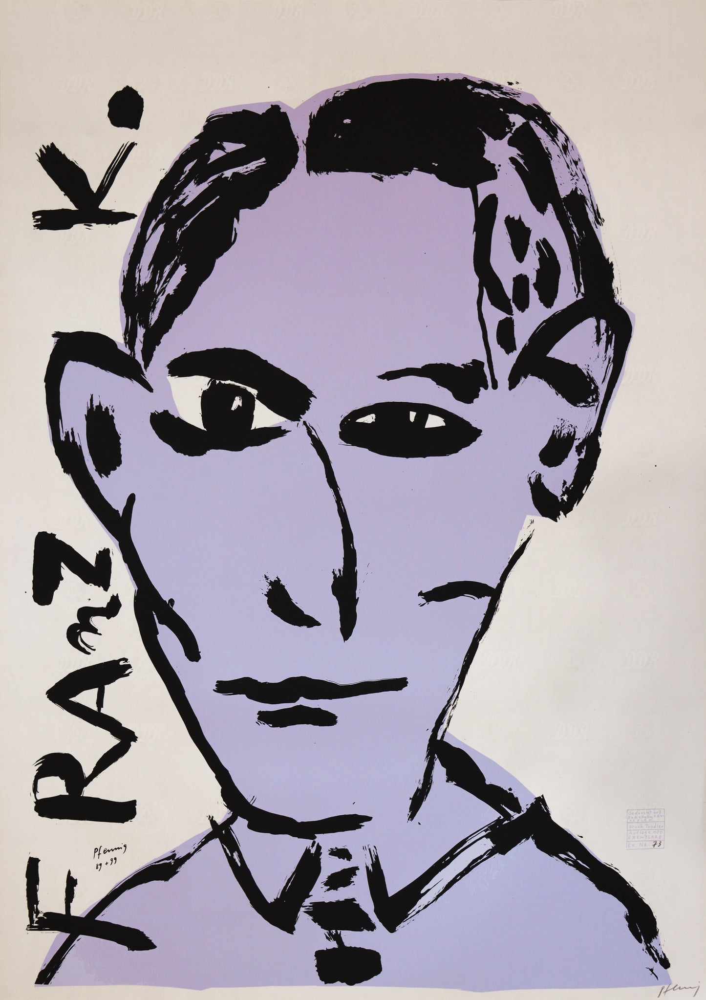 Druck Edition Trodler, von Wolf-Dieter Pfennig, Titel „Franz K.“ – expressives Porträt von Franz Kafka, hellviolett und schwarz, mit Vignette von Trodler und Exemplar-Nummer, erhältlich bei Galerie Waldbach - What The Artist Made