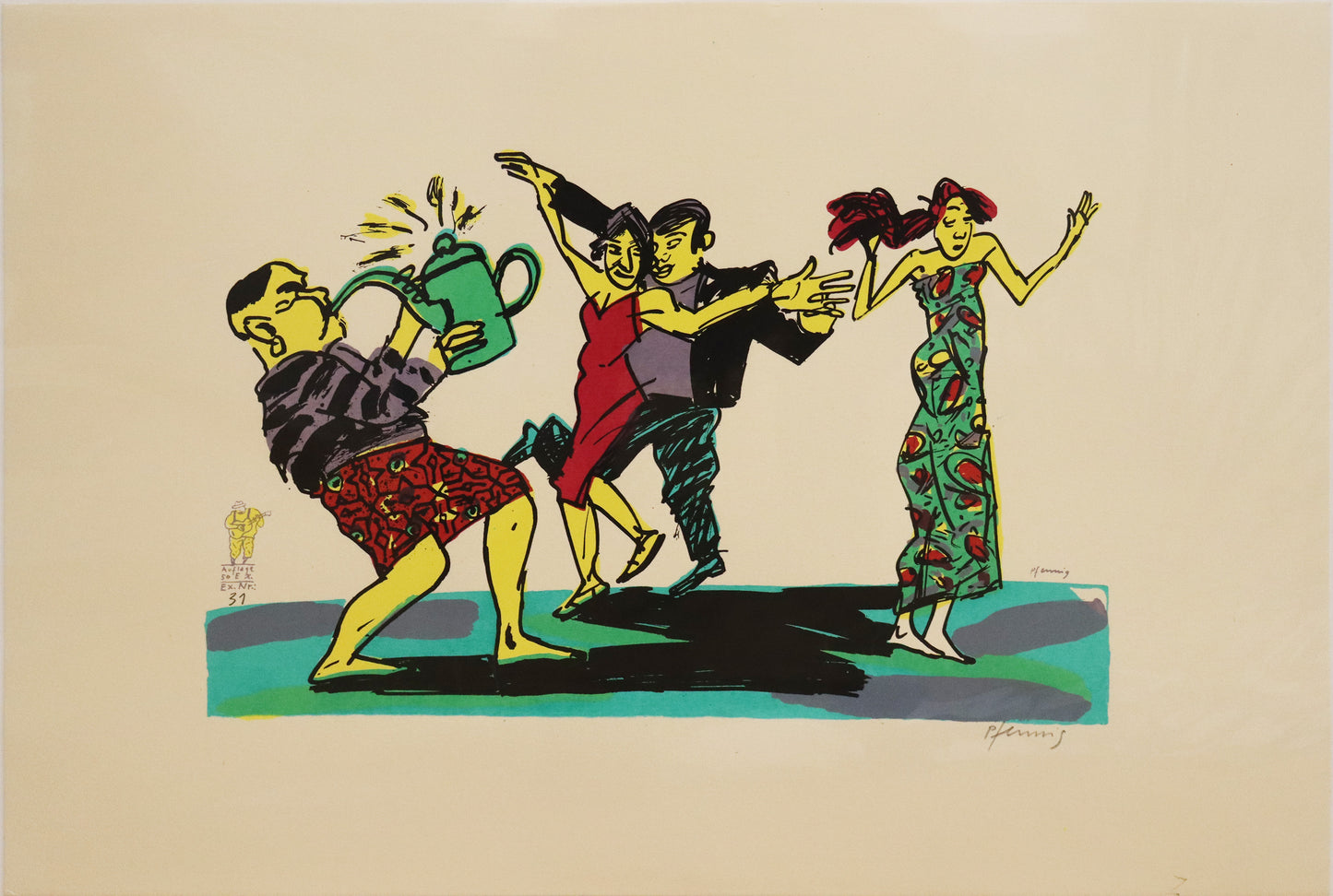 Druck Edition Trodler, von Wolf-Dieter Pfennig, "Gartenfest" – expressive Darstellung einer Gruppe von Personen, tanzend. Eine Person nutzt eine Gießkanne als Instrument, ein Paar tanzt und eine Frau allein. Unten links Vignette Edition Trodler. Erhältlich bei Galerie Waldbach - What The Artist Made