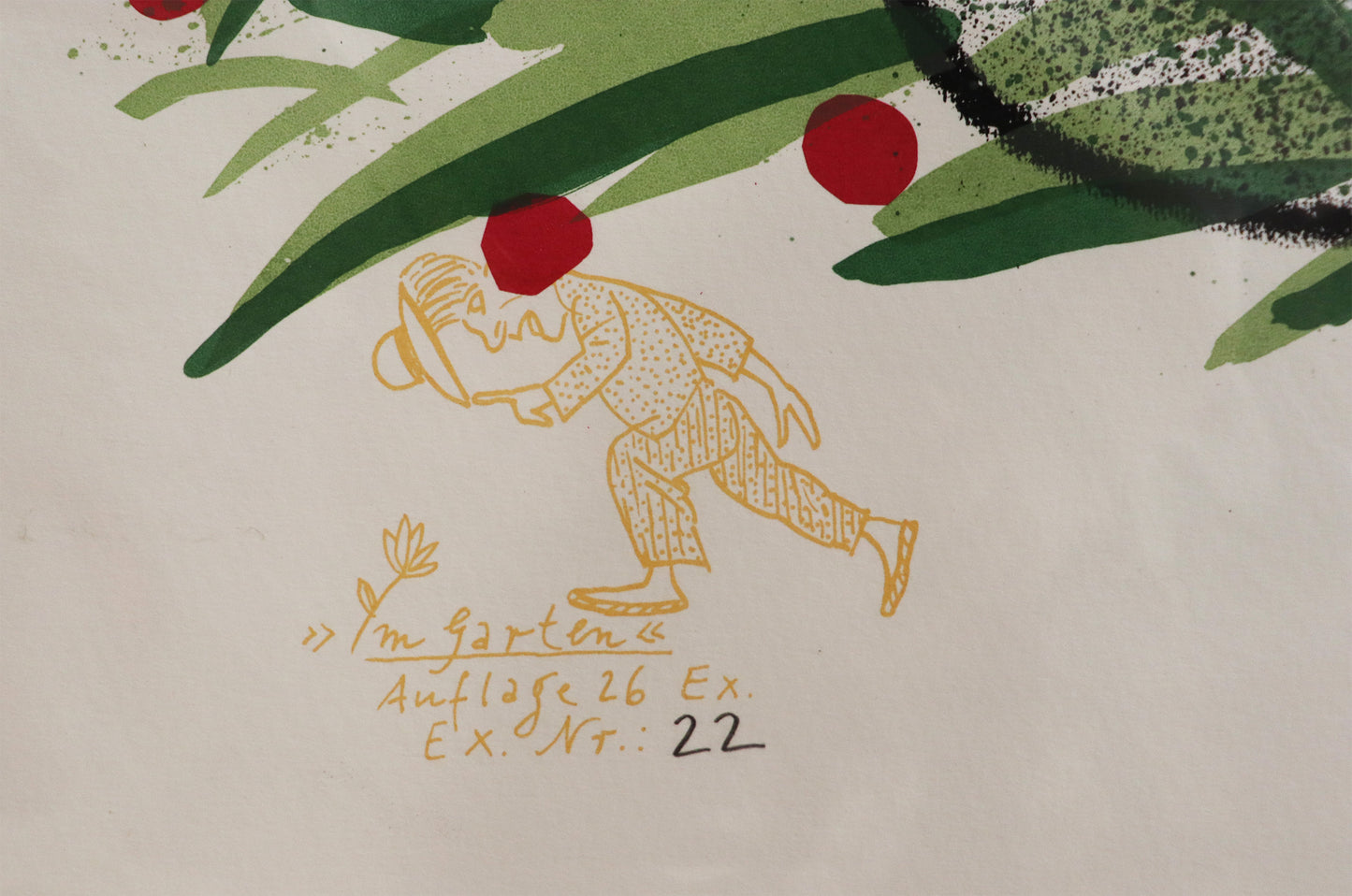 Druck Edition Trodler, von Wolf-Dieter Pfennig, Titel „Im Garten“ – Detailaufnahme der Vignette mit Auflagennummer, erhältlich bei Galerie Waldbach - What The Artist Made