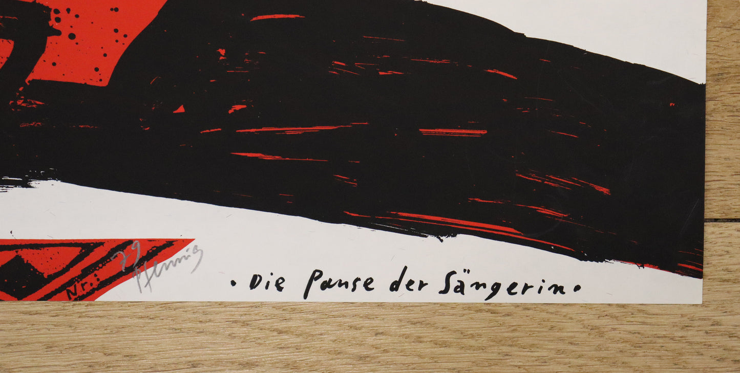 Druck Edition Trodler, von Wolf-Dieter Pfennig, Titel „Pause der Sängerin“ – Detailaufnahme des Titel-Schriftzugs und Signatur Pfennig, Galerie Waldbach - What The Artist Made