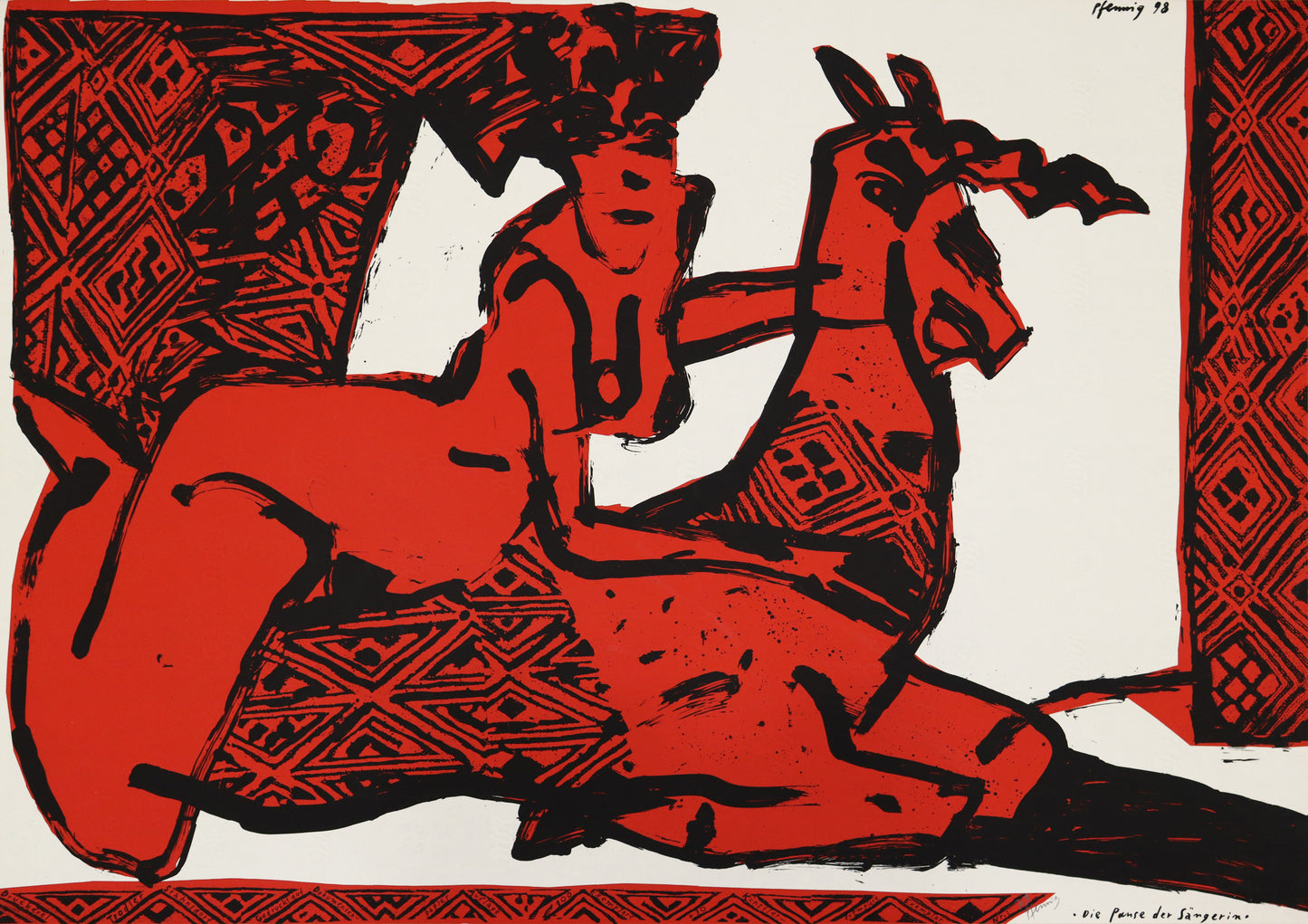 Druck Edition Trodler, von Wolf-Dieter Pfennig, Titel „Pause der Sängerin“ – expressives Porträt einer Frau und Tier (Reh oder Einhorn) und grafische Elemente, rot und schwarz, unten rechts Titel und Original Signatur Pfennig, erhältlich bei Galerie Waldbach - What The Artist Made