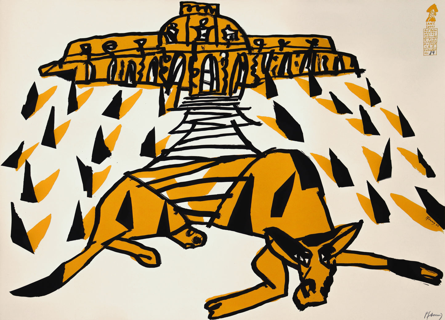 Druck Edition Trodler, von Wolf-Dieter Pfennig, Titel „Sanssouci“ – expressives Porträt von Schloss Sanssouci mit Kuh im Vordergrund, gelb-orange und schwarz, mit Vignette von Trodler und Exemplar-Nummer, signiert, erhältlich bei Galerie Waldbach - What The Artist Made