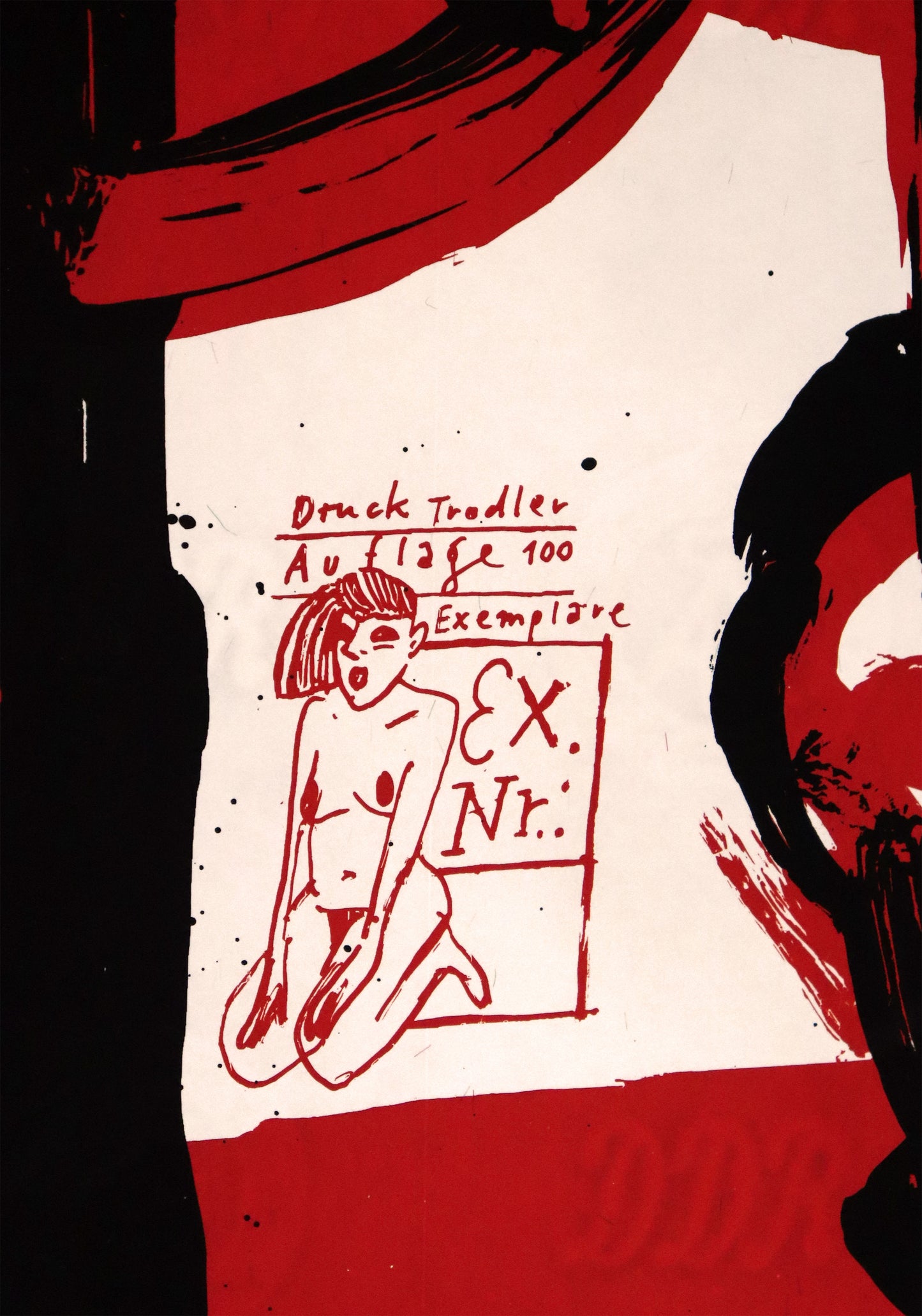 Druck Edition Trodler, von Wolf-Dieter Pfennig, Titel „Sperlgalerie“ – Detailaufnahme der Vignette von Trodler, in rot, Galerie Waldbach - What The Artist Made