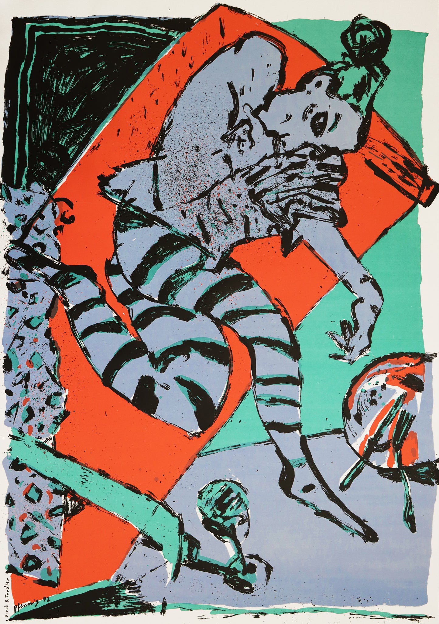 Druck Edition Trodler, von Wolf-Dieter Pfennig, Titel „Teller und Weinglas“ – expressives Porträt einer Frau liegend, mit Teller und Glas, unten am Bildrand gedruckte Signatur Pfennig und Trodler, orange, helles Grün, blasses Violett und schwarz, erhältlich bei Galerie Waldbach - What The Artist Made