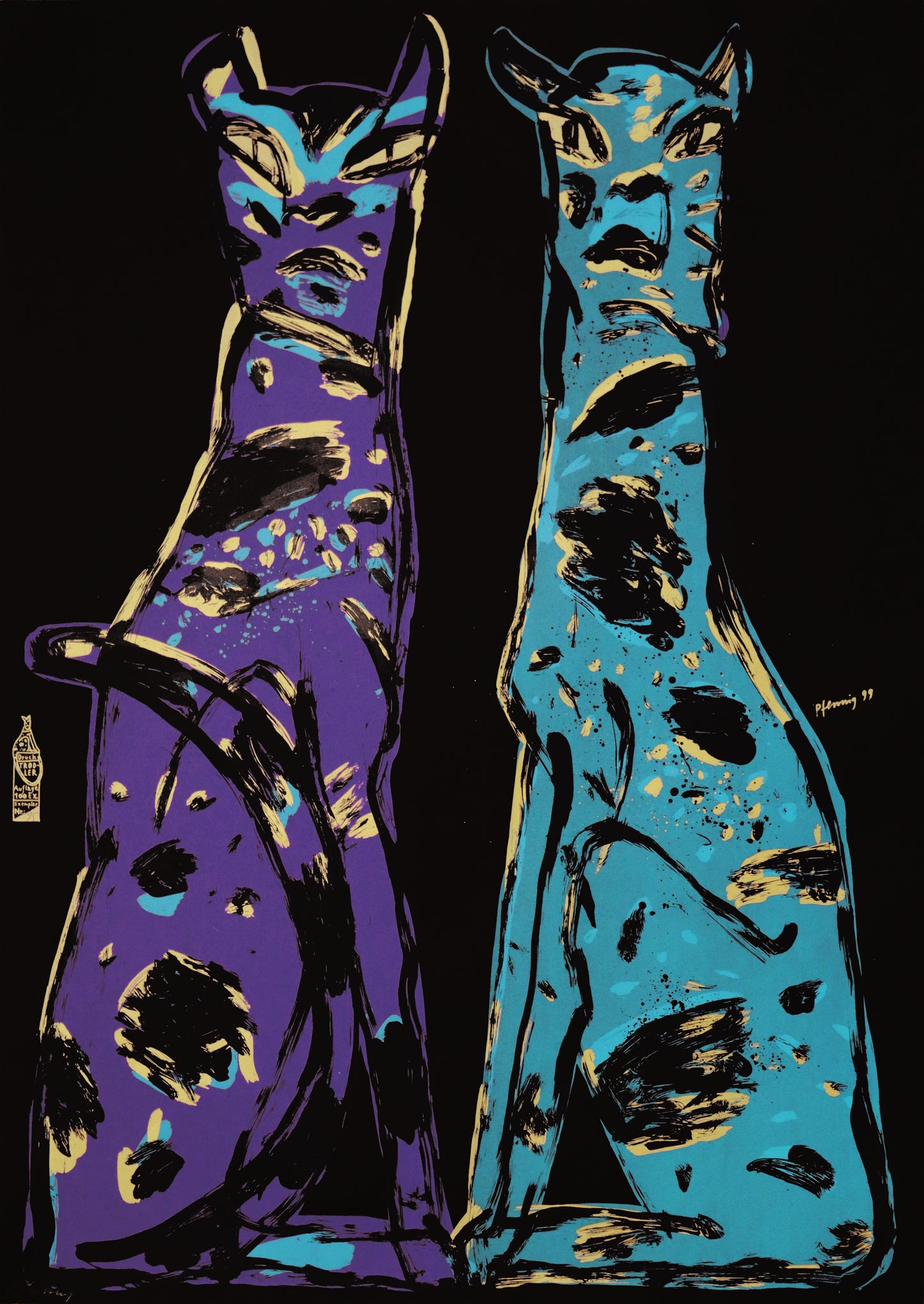 Druck Edition Trodler, von Wolf-Dieter Pfennig, Titel „Zwei Katzen“ – expressives Porträt von zwei aufrecht sitzenden Katzen auf schwarzem Papier, links am Bildrand gedruckte Vignette Trodler, violett, Grün und schwarz, erhältlich bei Galerie Waldbach - What The Artist Made