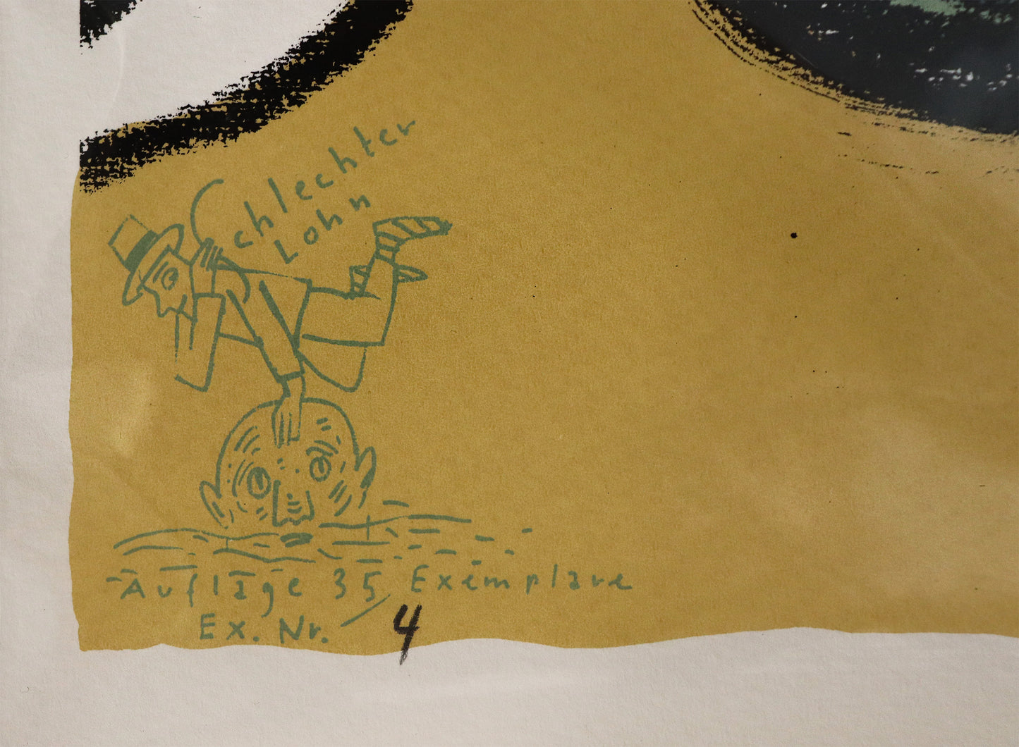 Druck Edition Trodler, von Wolf-Dieter Pfennig, Titel „Schlechter Lohn“ . Detailaufnahme der Vignette und Auflagennummer, erhältlich bei Galerie Waldbach - What The Artist Made