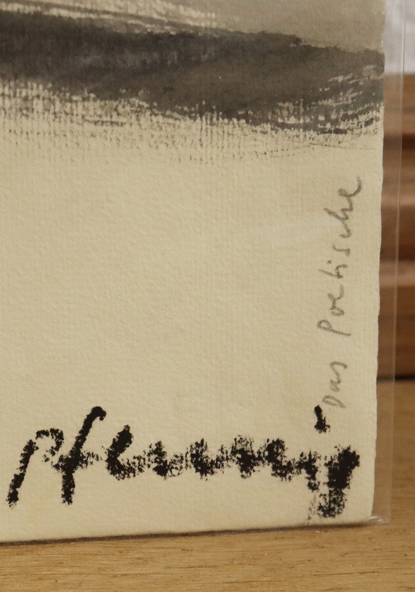 Original Mixed-Media-Malerei von Wolf-Dieter-Pfennig, Titel: „Das Poetische“ – Detailansicht der Signatur und Titel unten rechts. Mixed Media auf Papier, signiert, erhältlich bei Galerie Waldbach - What The Artist Made