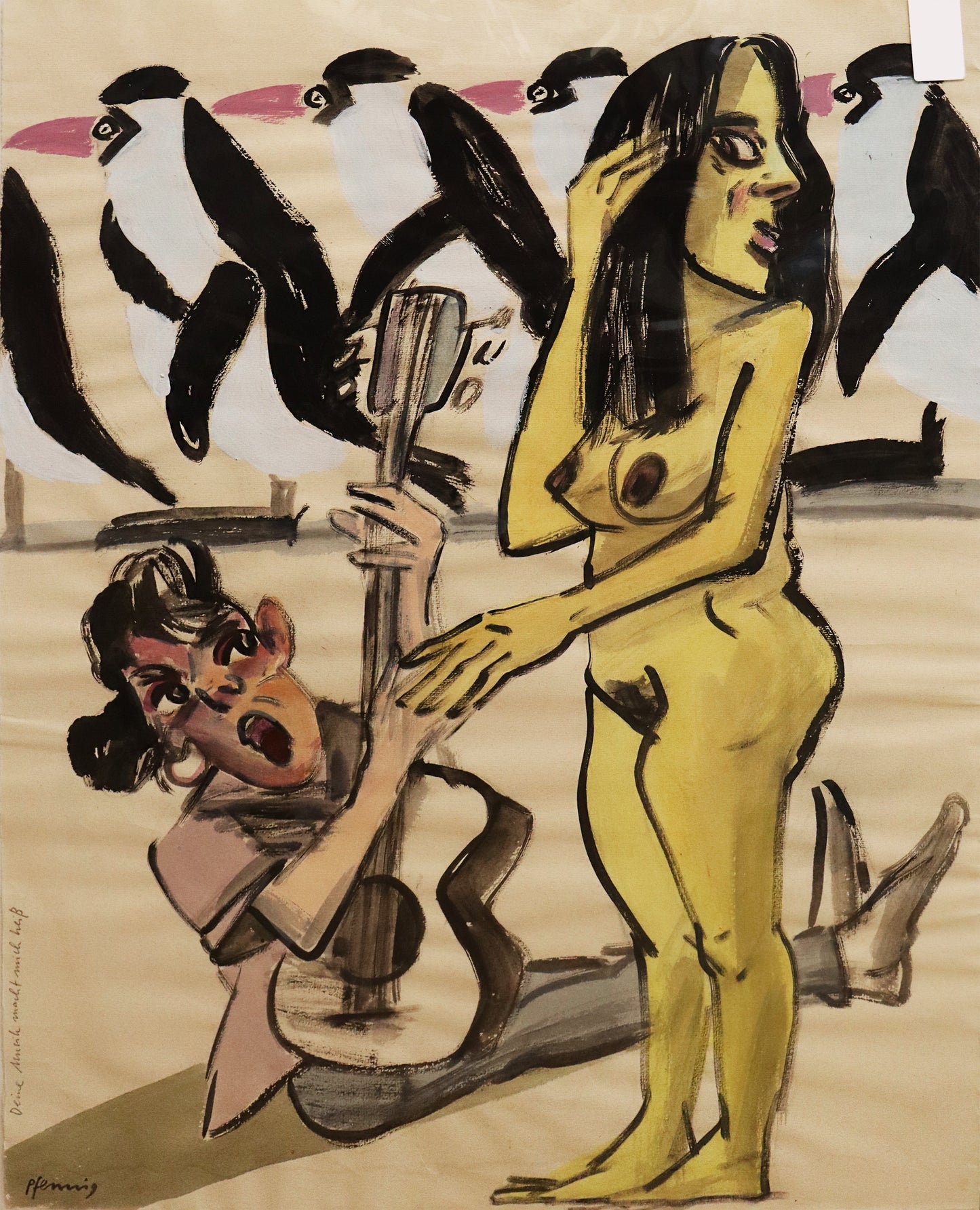 Original Mixed-Media-Malerei von Wolf-Dieter-Pfennig, Titel: „Deine Musik macht mich heiß“ – expressive Darstellung einer unbekleideten Frau vor einem Musiker stehend, er sitzt auf dem Boden und spielt Gitarre. Im Hintergrund ist eine Reihe an Pinguinen zu sehen. Mixed Media auf Papier, signiert, erhältlich bei Galerie Waldbach, What the Artist Made