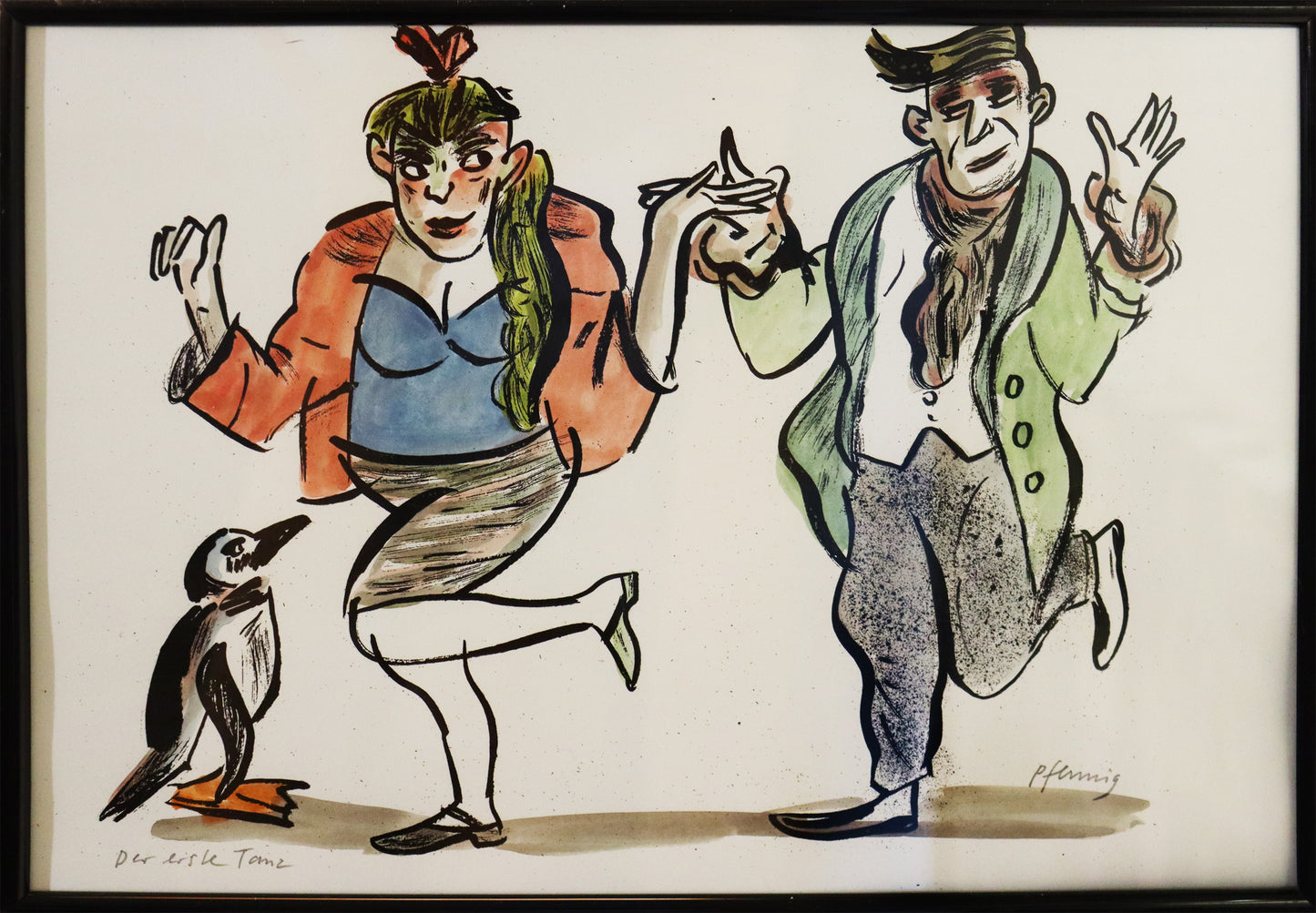 Original Mixed-Media-Malerei von Wolf-Dieter-Pfennig, Titel „Der erste Tanz“ – expressive Darstellung einer Frau und eines Mannes, beide das rechte Bein zum Tanz erhoben, von vorn dargestellt. Links neben beiden steht ein Pinguin. Mixed Media auf Papier, signiert, erhältlich bei Galerie Waldbach, What the Artist Made