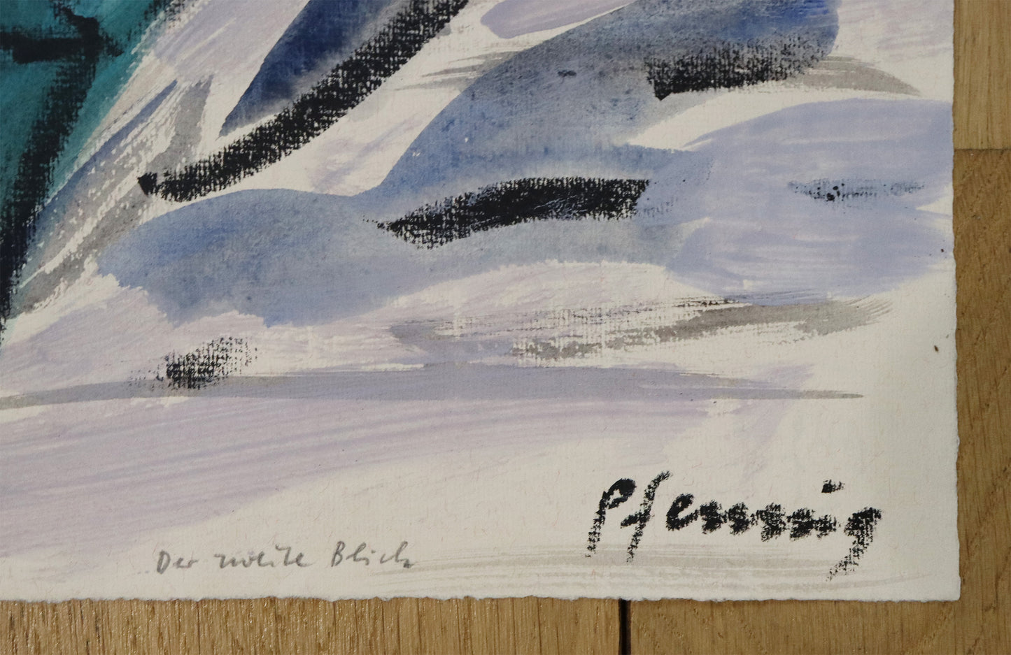 Original Mixed-Media-Malerei von Wolf-Dieter-Pfennig, Titel: „Der zweite Blick“ – Detailansicht des Titels, aufgeschrieben am rechten Bildrand. Mixed Media auf Papier, signiert, erhältlich bei Galerie Waldbach, What the Artist Made