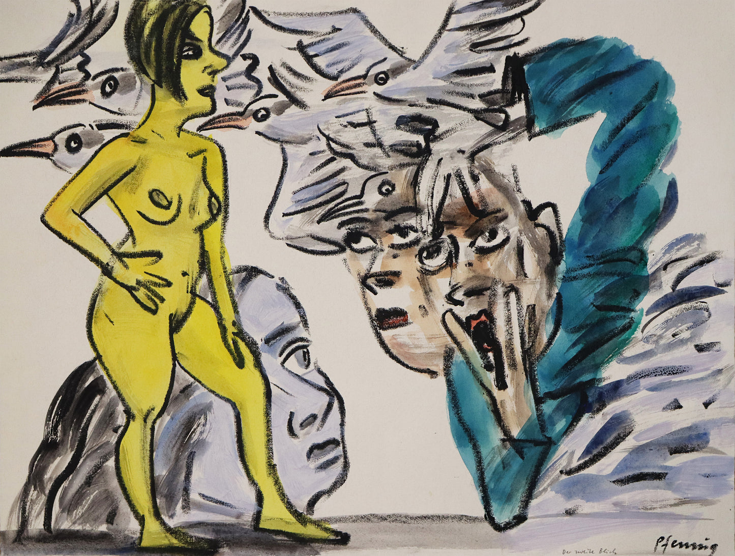 Original Mixed-Media-Malerei von Wolf-Dieter-Pfennig, Titel: „Der zweite Blick“ – expressive Darstellung einer unbekleideten Frau, stehend vor einer Person, die sie anstarrt und ein zweites Gesicht. Weiße Vögel (evtl. Möwen) fliegen aus dem Bild. Mixed Media auf Papier, signiert, erhältlich bei Galerie Waldbach, What the Artist Made
